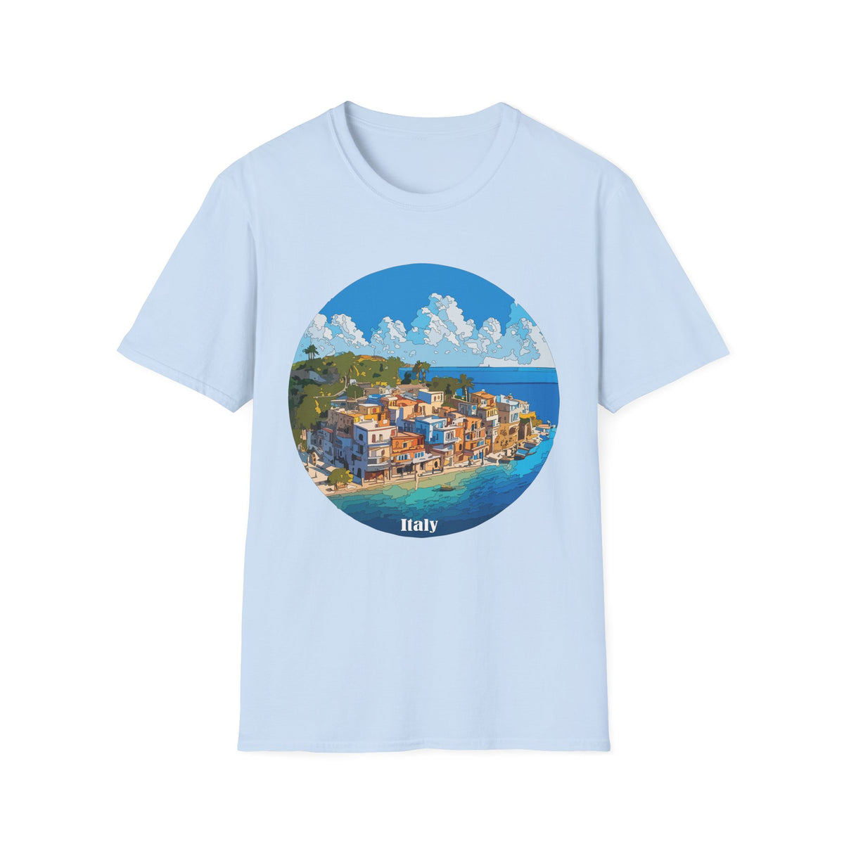 Coastal Italy Village Illustration T-Shirt | Mediterranean Seaside Graphic Tee