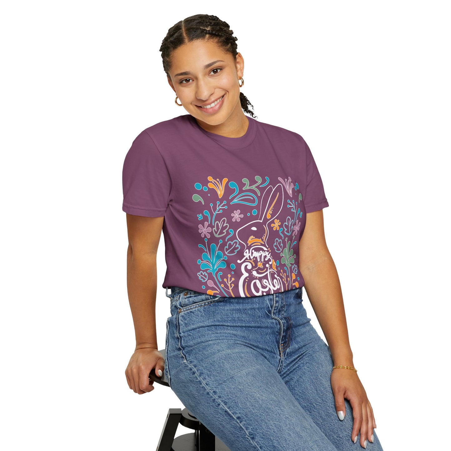 Easter Bunny Floral T-Shirt, Tee Shirt with Easter Signature, T Shirt with Easter Prints, Tee Shirt with Easter Design