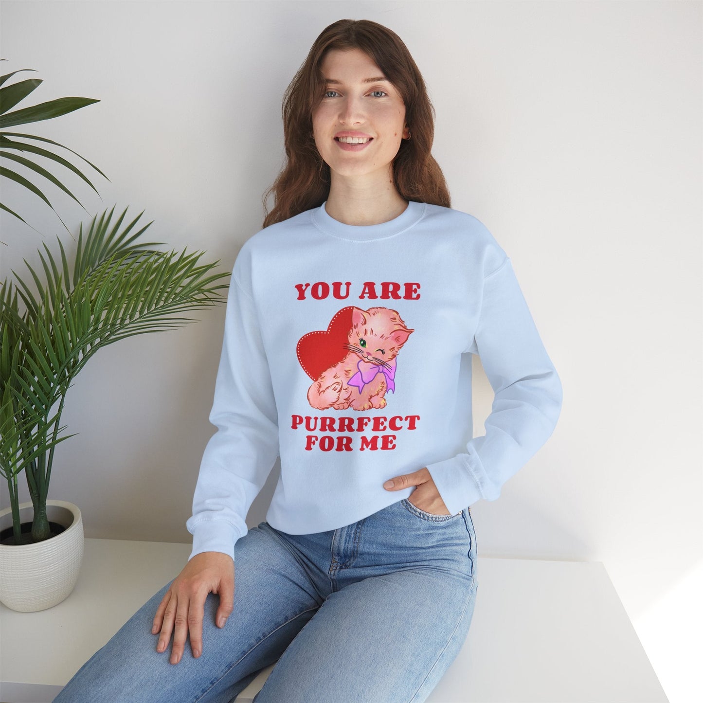 Cat Heart Sweatshirt Unisex Valentines Day Fifty Fifty Cotton Poly Blend Crewneck