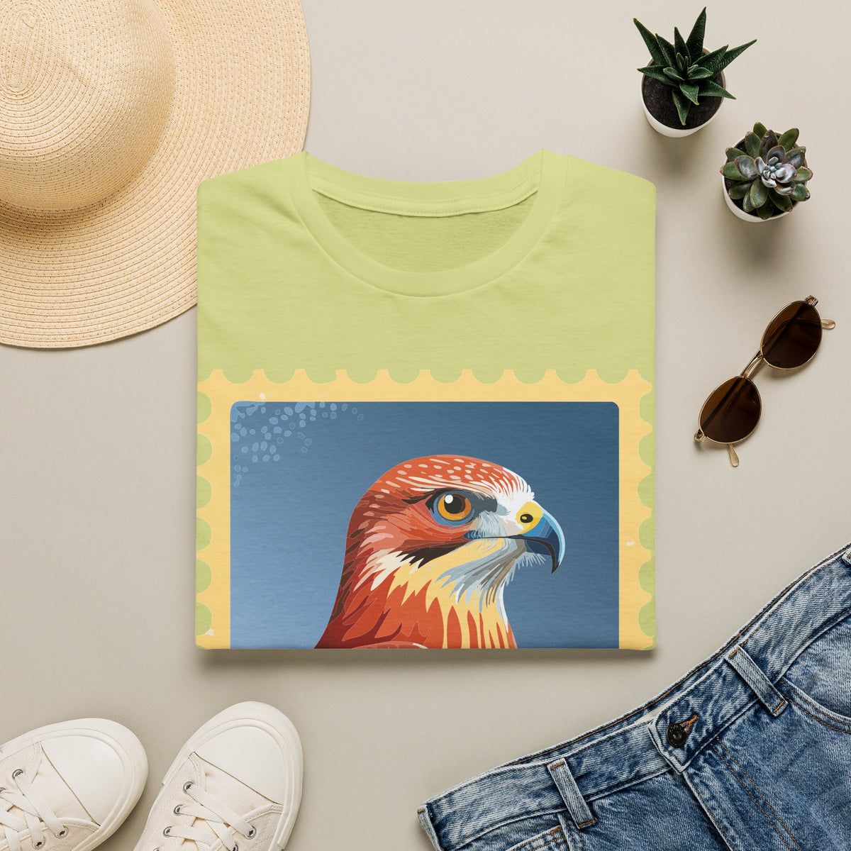 Red Hawk Portrait T-Shirt | Falcon Stamp Graphic Tee Unisex 100 Cotton Gildan T-Shirt