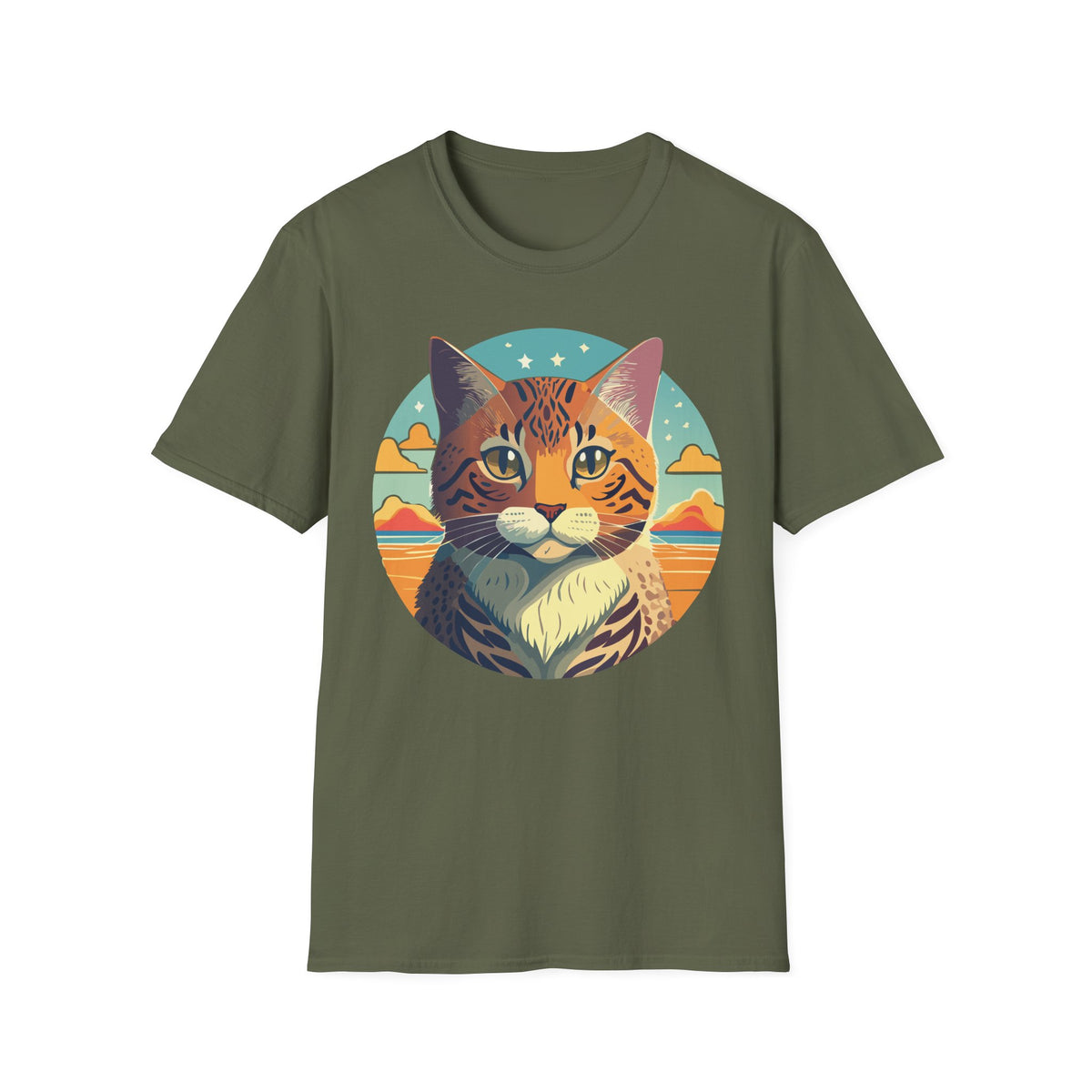 Retro Tabby Cat Illustration T-Shirt | Vintage Sunset Cat Tee