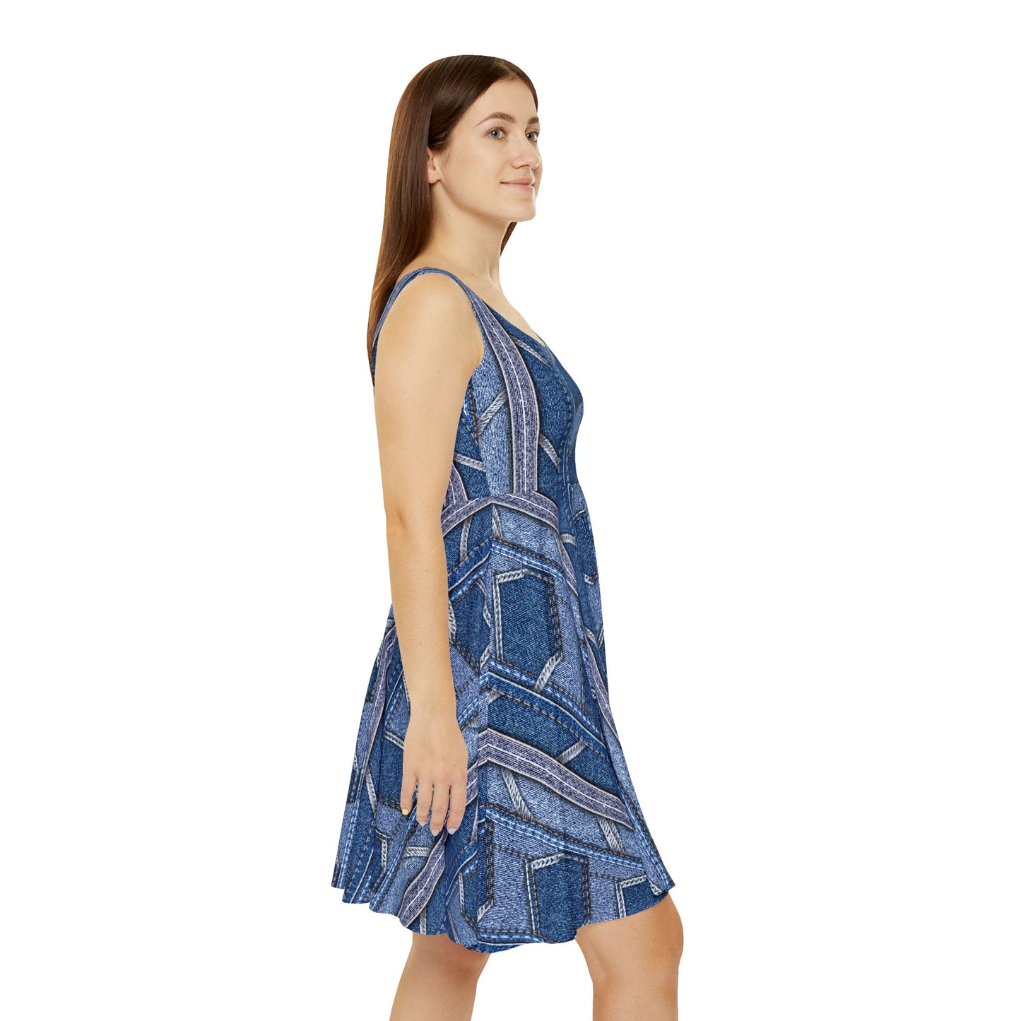 Women Denim Print Skater Dress, Denim Print Poly-Span Dress - 29