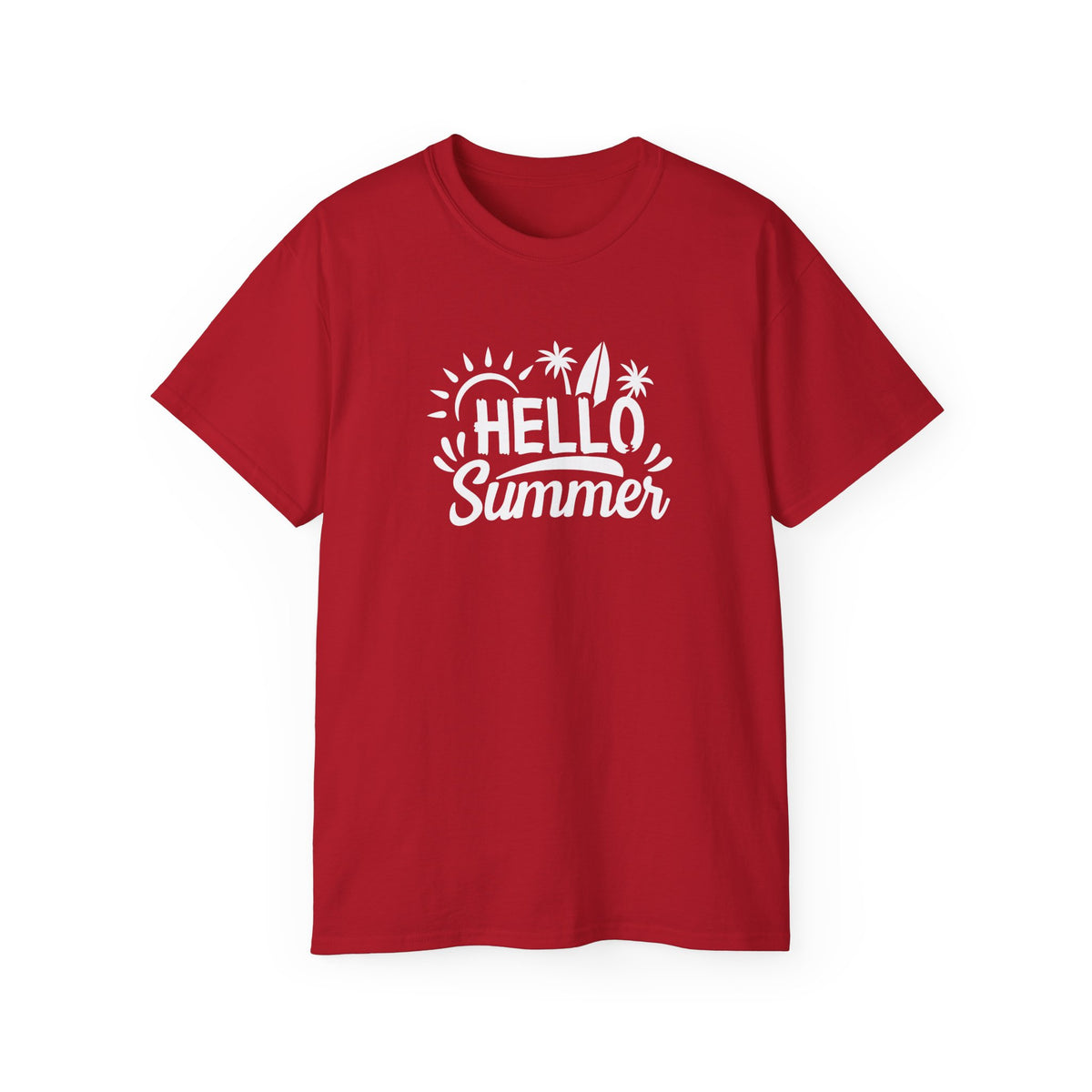 Hello Summer surfboard palm trees T-Shirt | Summer beach graphic tee