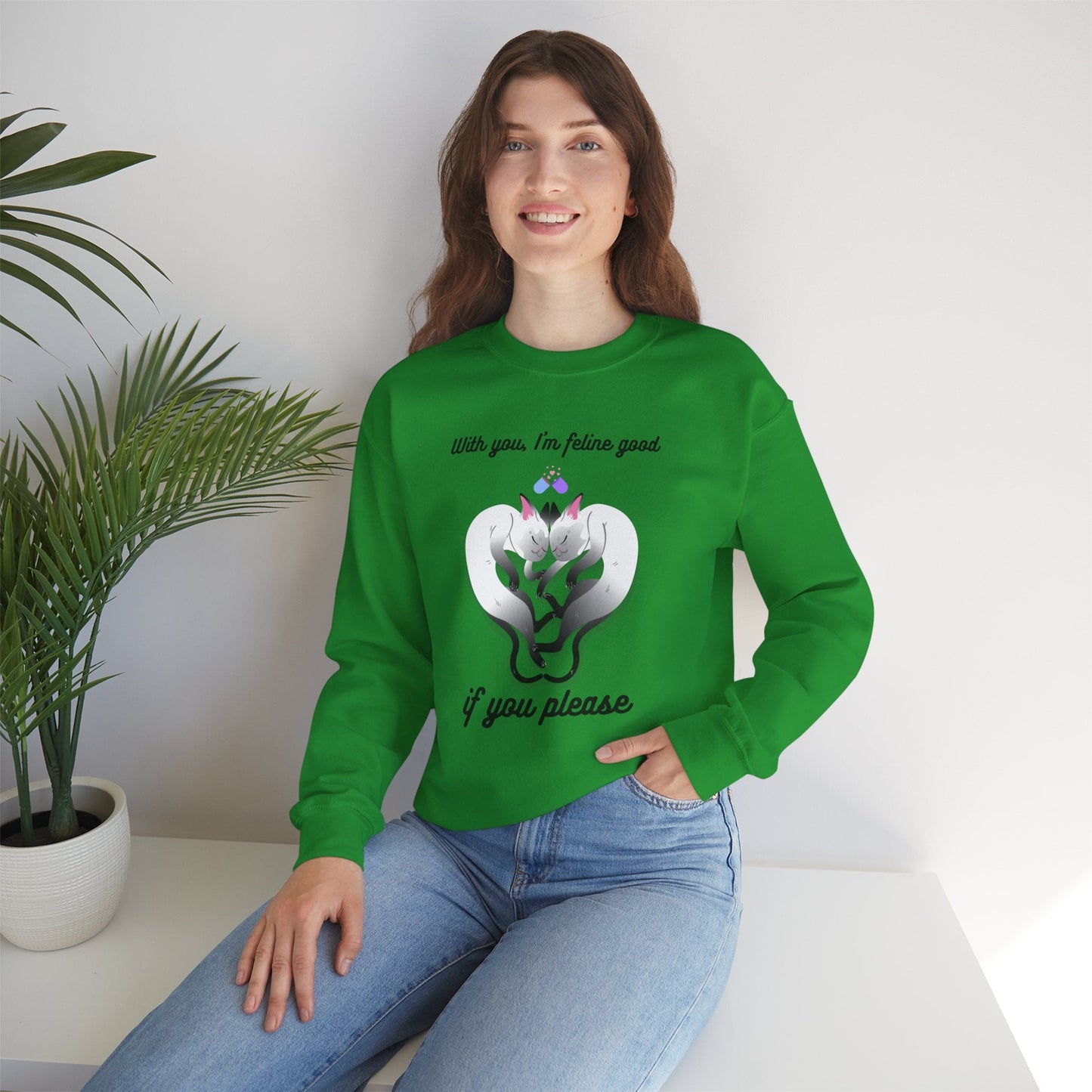 Double Cat Heart Sweatshirt Unisex Fifty Fifty Cotton Poly Valentines Day Sweatshirt
