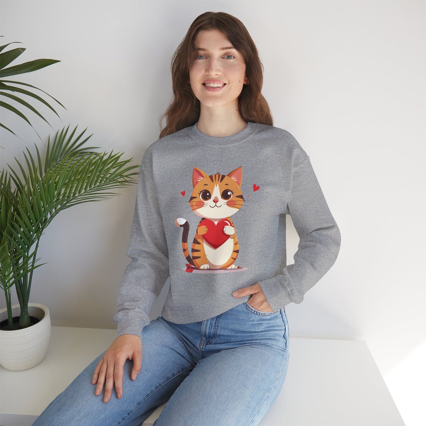 Cat Heart Sweatshirt Unisex Fifty Fifty Cotton Polyester Crewneck Valentines Day Gildan 18000
