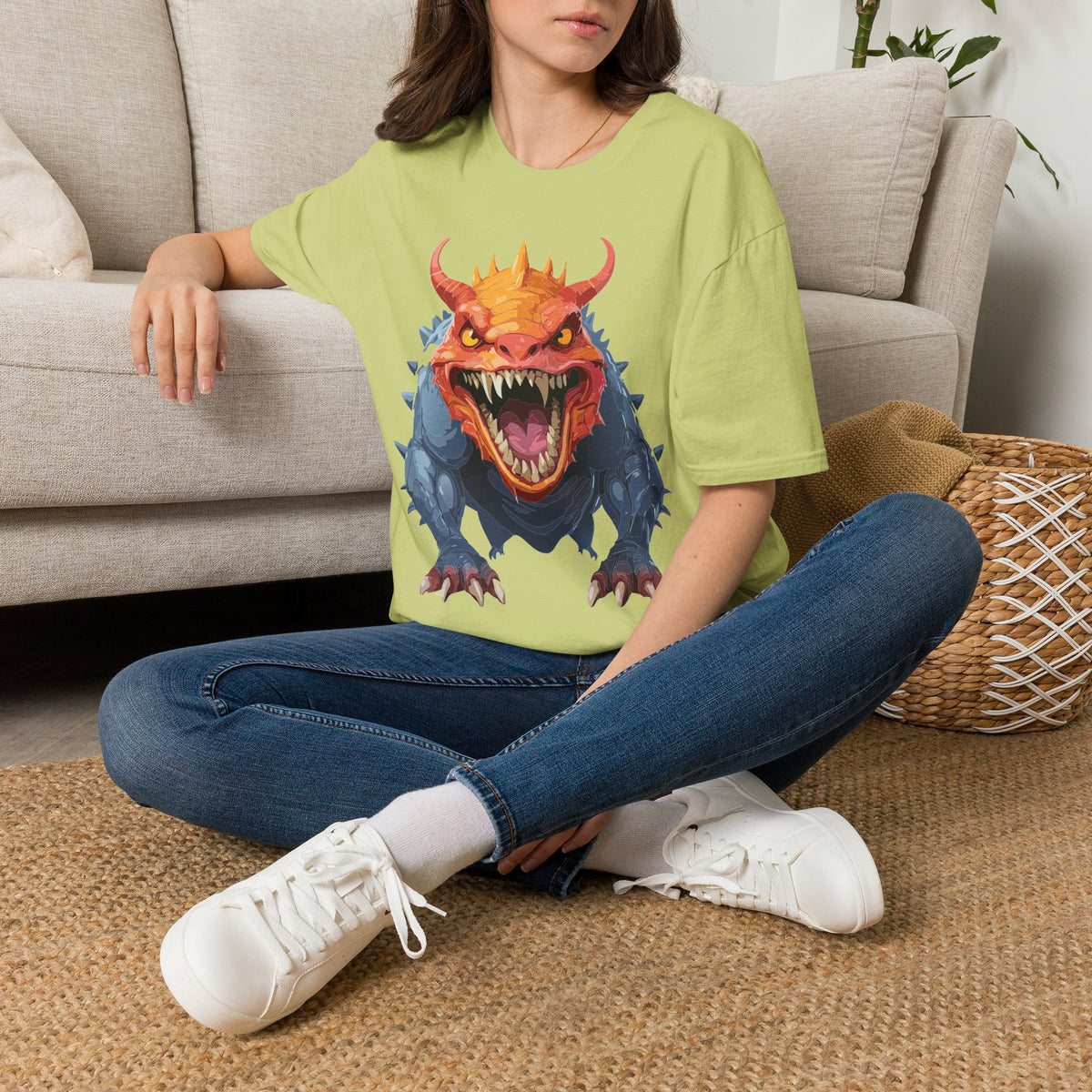Dragon Monster T-Shirt — Fierce Orange & Blue Fantasy Creature Cartoon Graphic Tee Unisex 100 Cotton Gildan T-Shirt