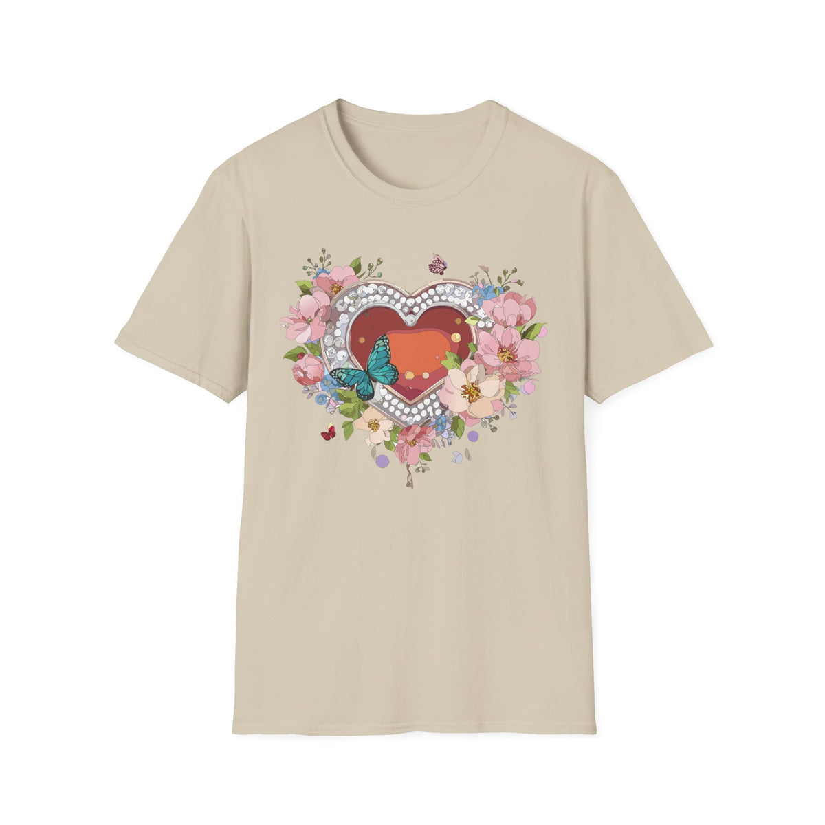 Heart with Floral Wreath and Butterfly T-Shirt | Romantic Floral Tee