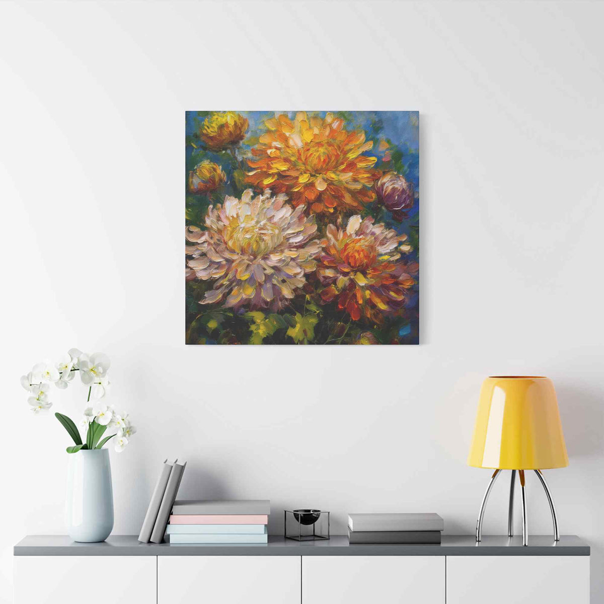 Chrysanthemums Print Canvas, Floral Oil Paint Print 20x20, 24x24, 30x30, 32x32, 36x36 Art Design Pine-Wood Inner Frame MC-156