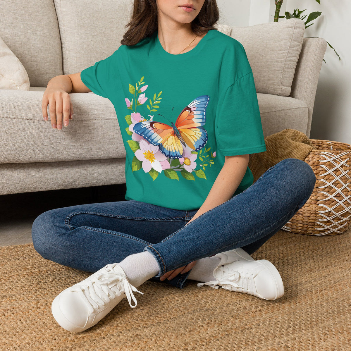 Butterfly Floral T-Shirt — Watercolor Orange & Blue Butterfly on Blossoms Graphic Design Unisex 100 Cotton Gildan T-Shirt