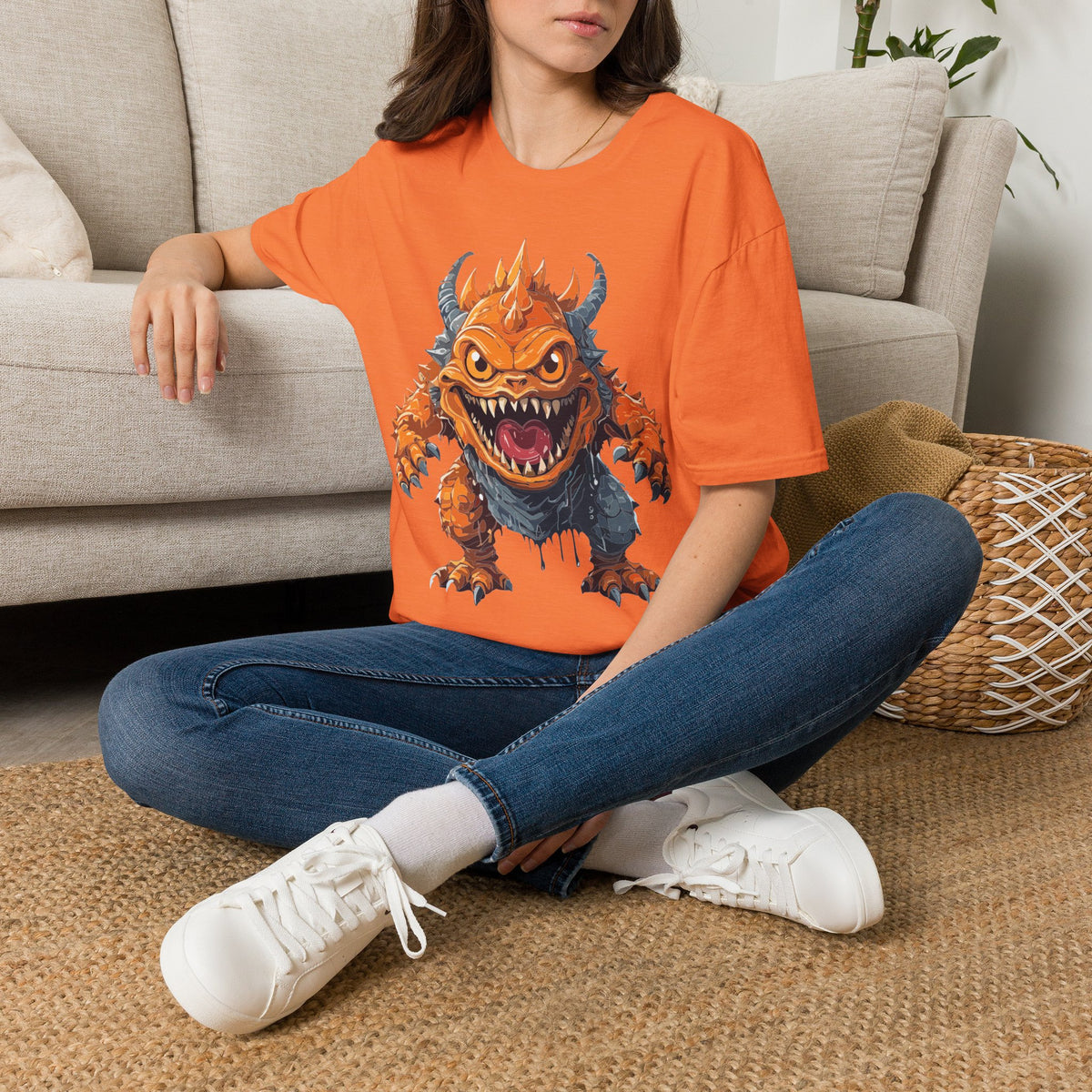 Monster Graphic T-Shirt — Fierce Orange Demon Creature Design Cartoon Graphic Tee Unisex 100 Cotton Gildan T-Shirt