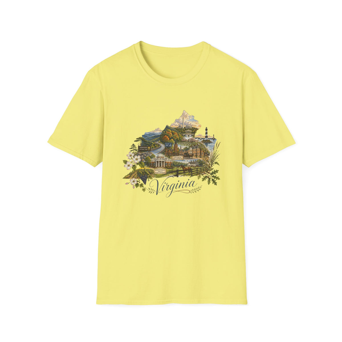 Virginia State Scenic T-Shirt — Vintage Mountains & Coastal Landmarks Travel Tourist Graphic Design Unisex 100 Cotton Gildan T-Shirt