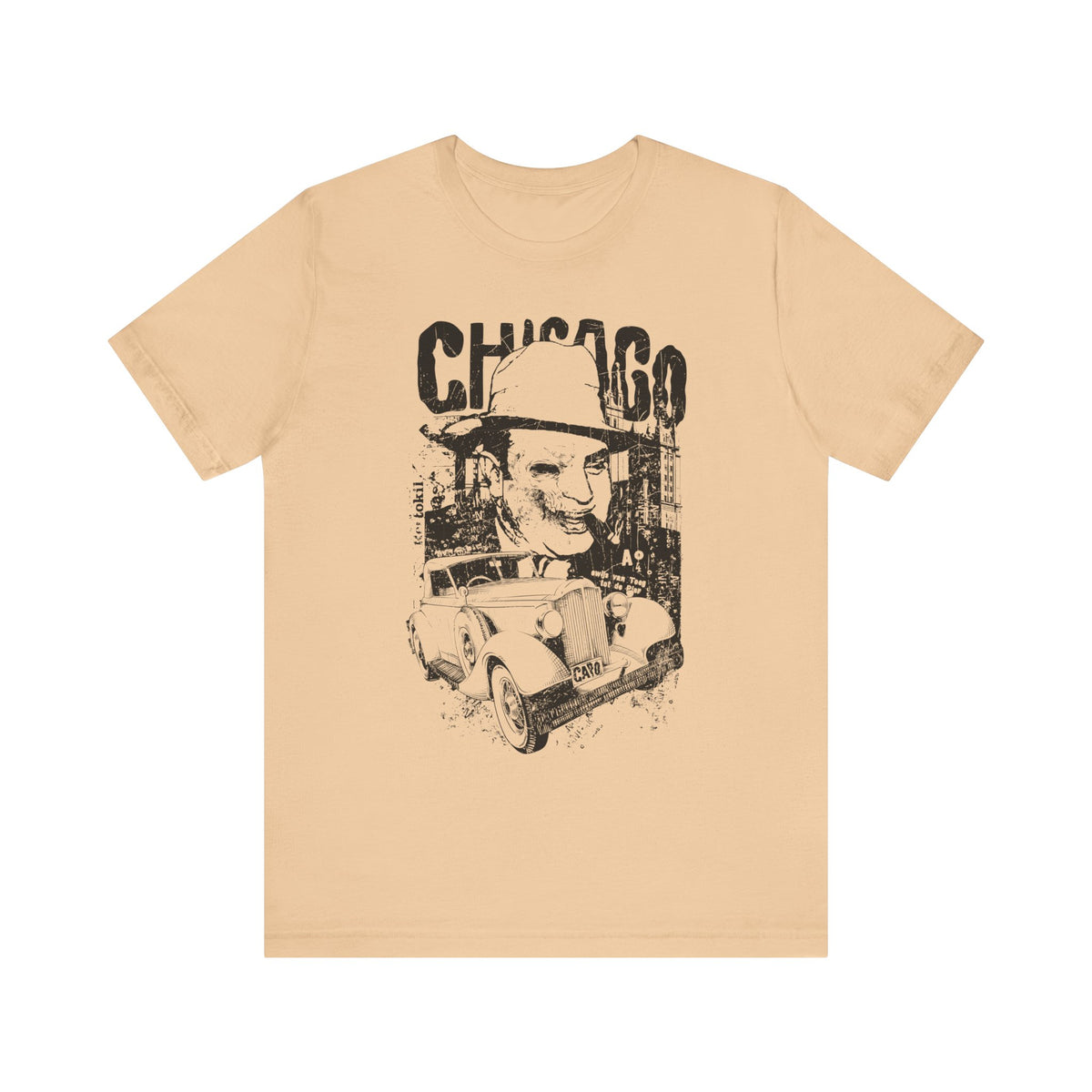 Chicago Retro Mobster Illustration Tee Vintage Car Cityscape Art Design Unisex Cotton T-Shirt A-8