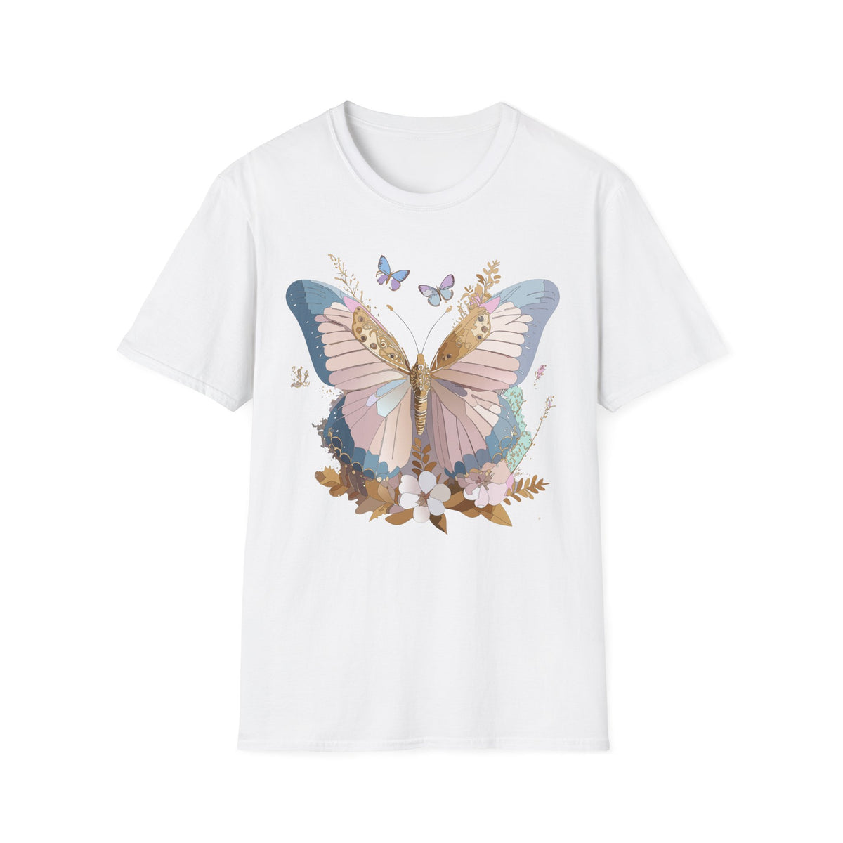 Butterfly Floral T-Shirt — Pastel Garden Wings Graphic Design Unisex 100 Cotton Gildan T-Shirt