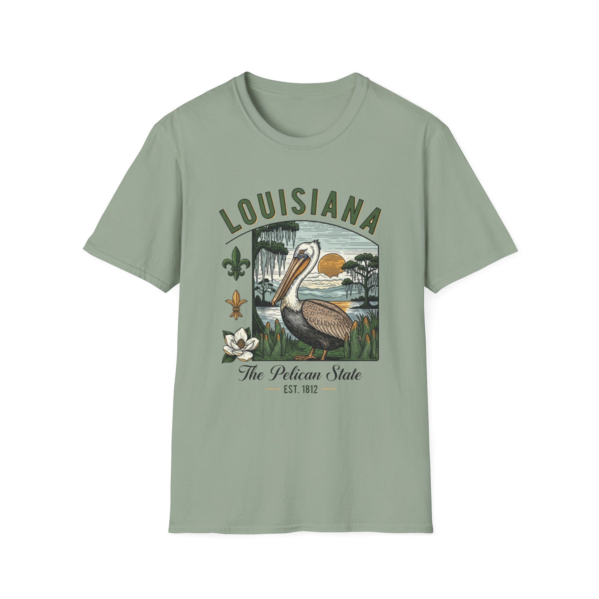 Louisiana Pelican State Graphic T-Shirt — Vintage Bayou Sunset Travel Tourist Graphic Design Unisex 100 Cotton Gildan T-Shirt