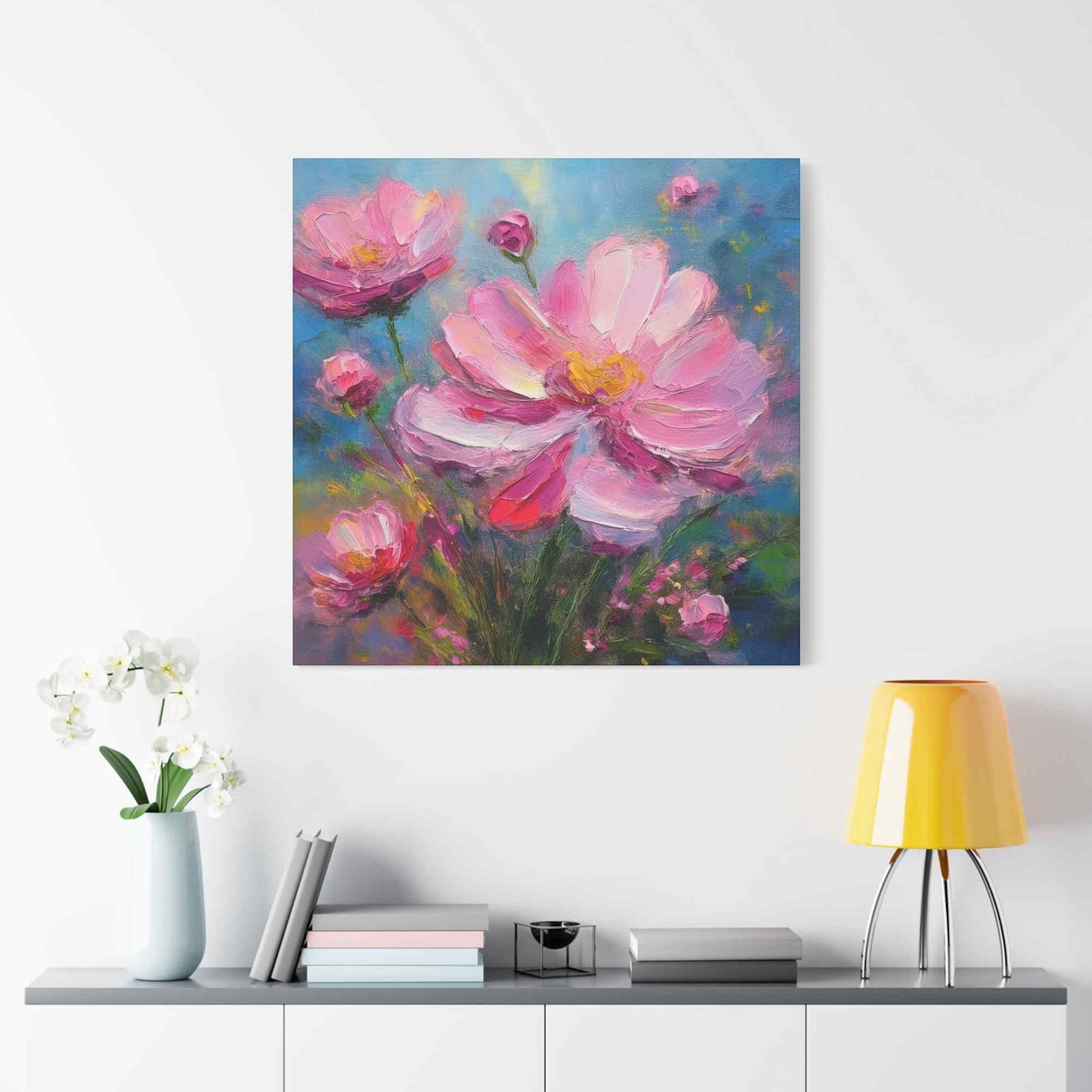 Pink Flowers Print Canvas, Pink Flowers Oil Paint Print 20x20, 24x24, 30x30, 32x32, 36x36, Art Design Print Non-Frame MC-11