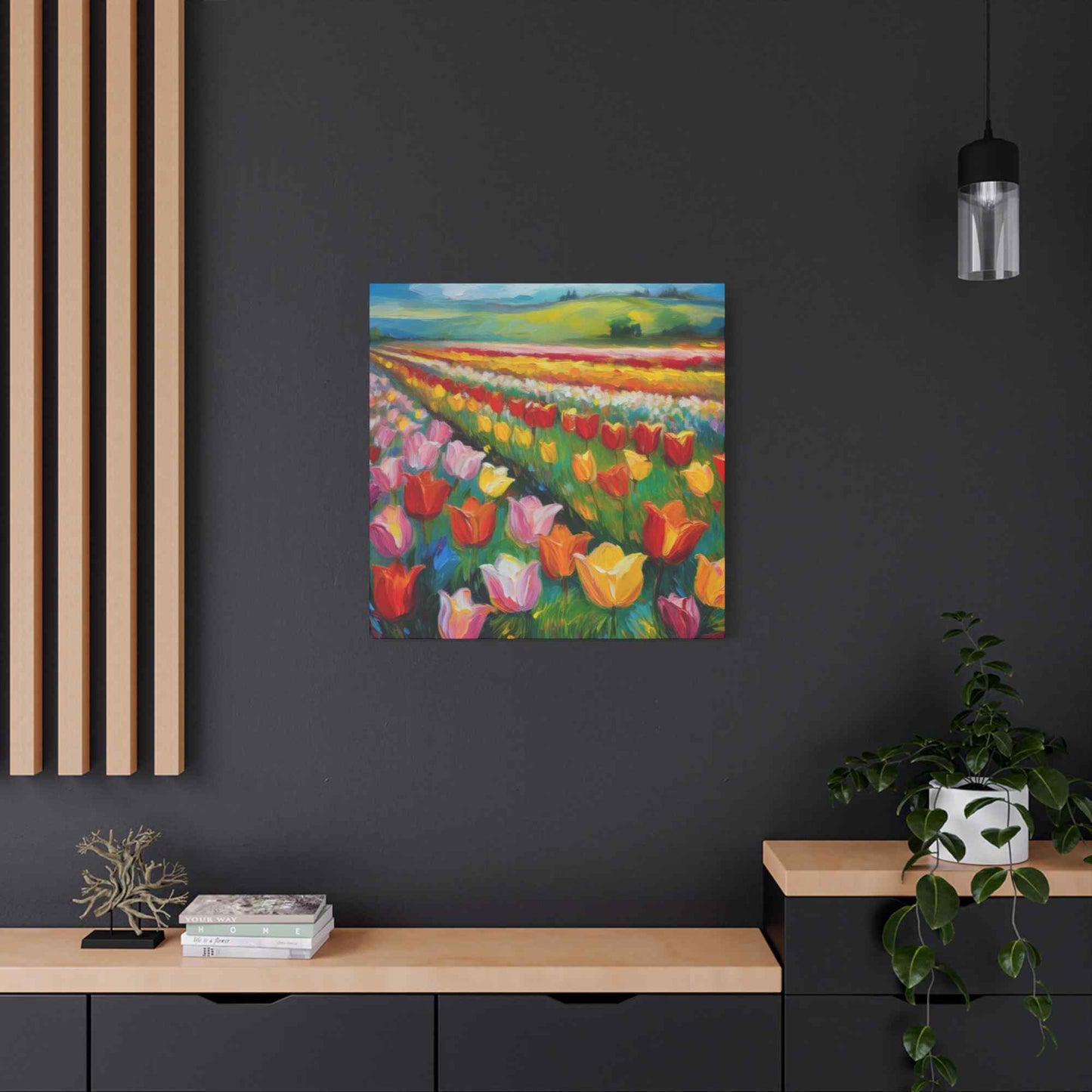 Tulips Fields Print Canvas, Floral Oil Paint Print 20x20, 24x24, 30x30, 32x32, 36x36 Art Design Pine-Wood Inner Frame MC-147