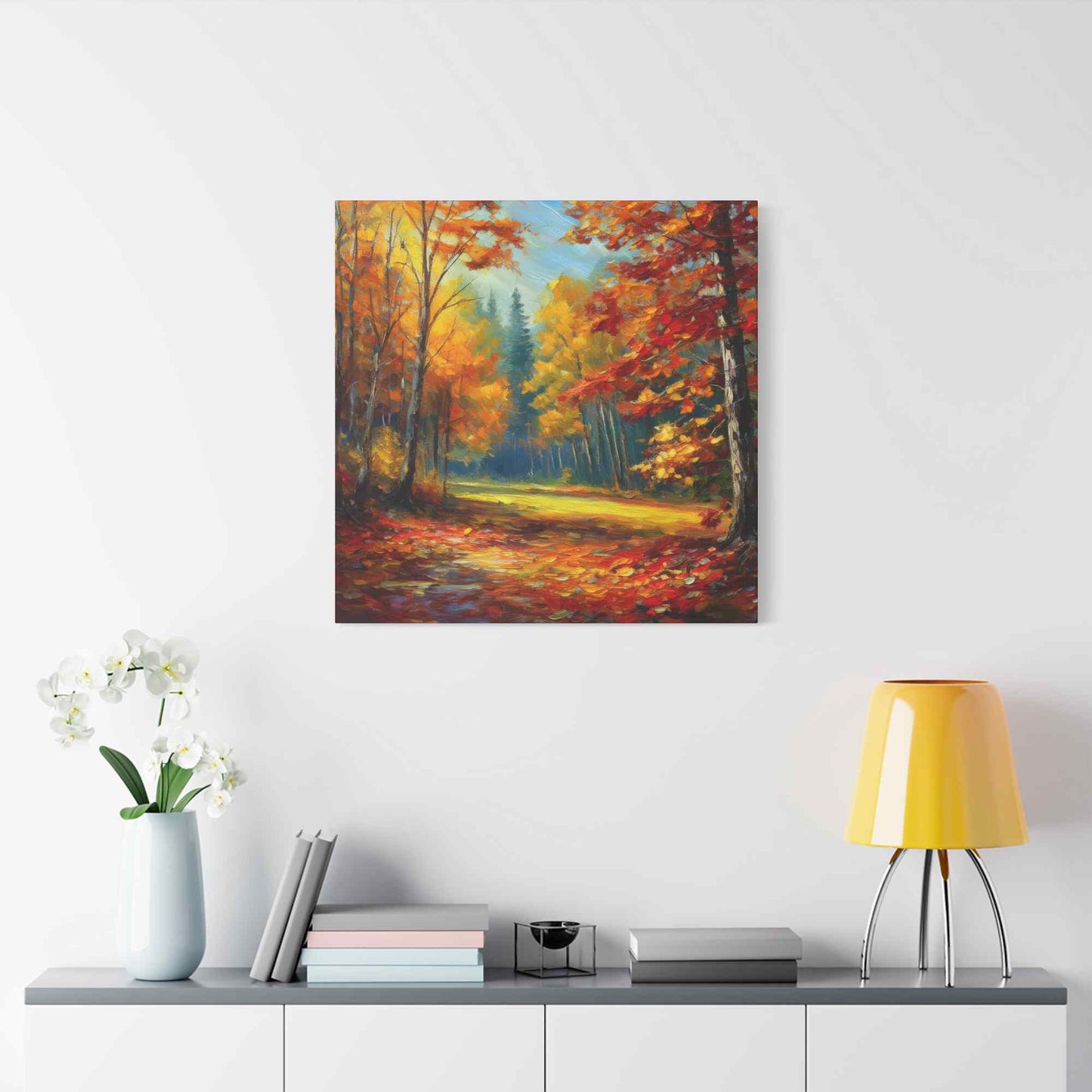 Fall Forest Print Canvas, Oil Paint Print 20x20, 24x24, 30x30, 32x32, 36x36 Art Design Print Pine-Wood Inner Frame MC-100