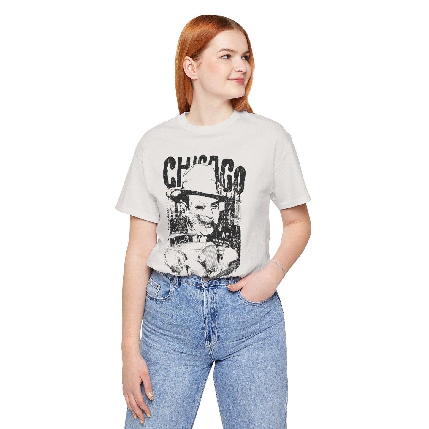 Chicago Retro Mobster Illustration Tee Vintage Car Cityscape Art Design T-Shirt A-8