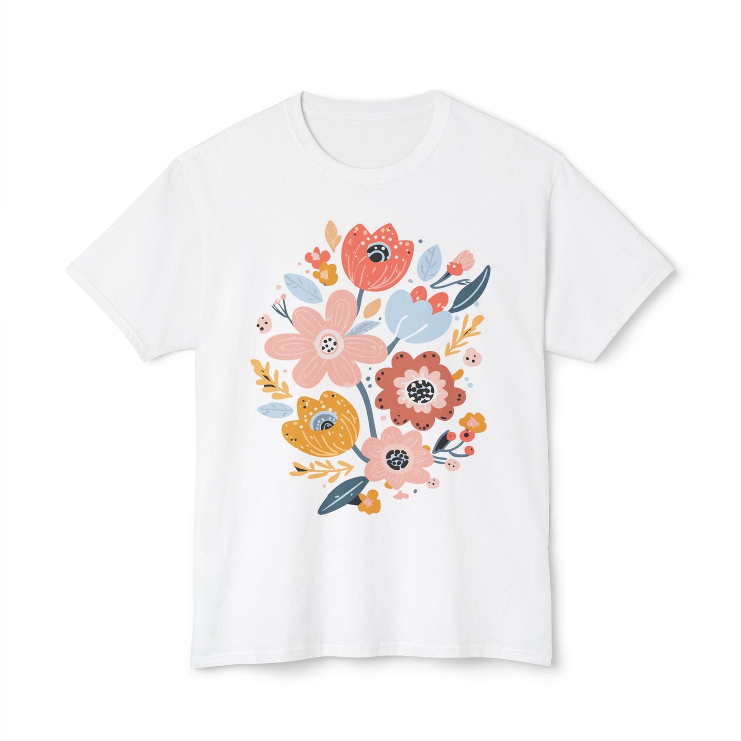 Unisex Floral Art T Shirt with Vintage Flowers Print One Hundred Percent Cotton Tee Printed In USA