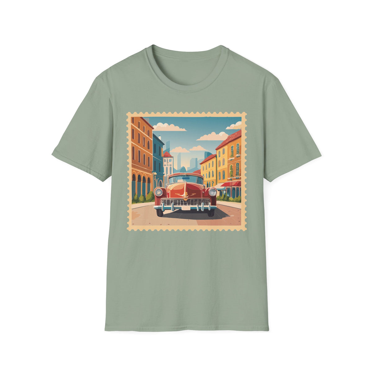 Vintage Cityscape Stamp T-Shirt | Retro Car Street Graphic Tee Unisex 100 Cotton Gildan T-Shirt