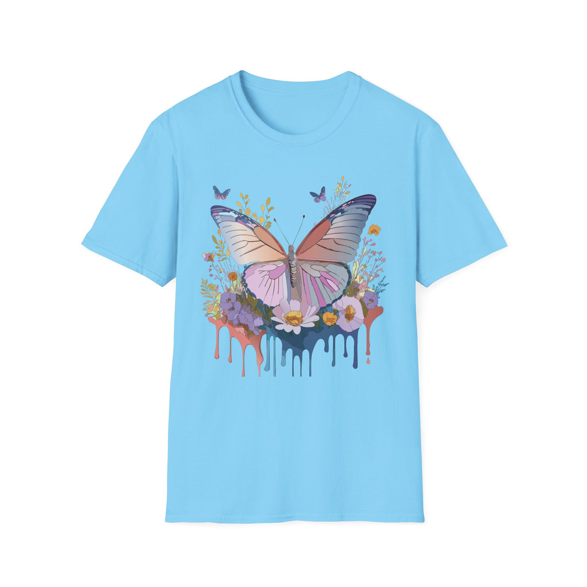 Butterfly Floral T-Shirt — Pastel Watercolor Wings with Drip Art Graphic Tee Unisex 100 Cotton Gildan T-Shirt