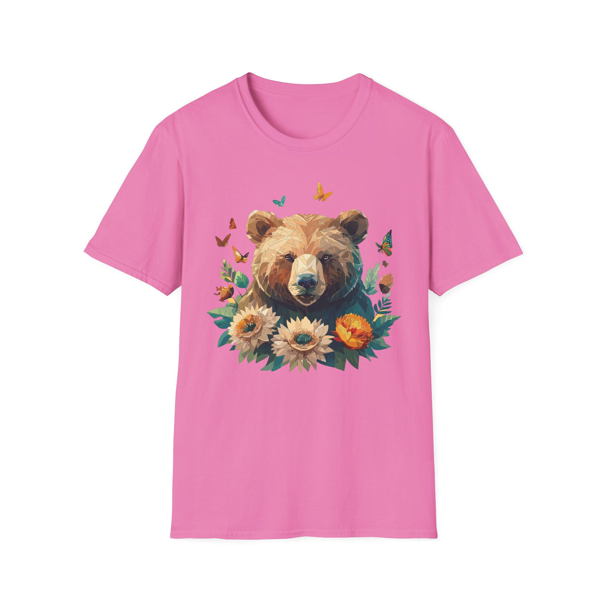 Floral Bear Illustration T-Shirt | Bear with Sunflowers and Butterflies