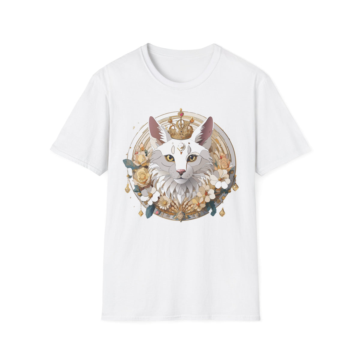 Regal Cat Crown graphic T-Shirt | White Cat Illustration, Floral Halo