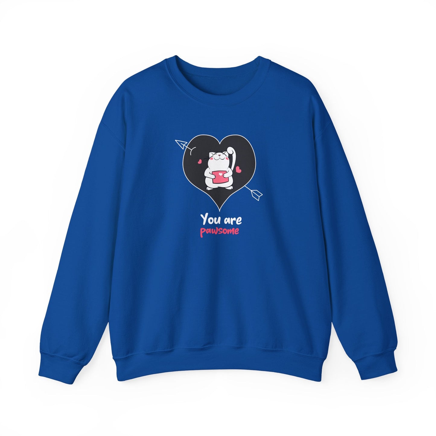 Cat Heart Sweatshirt Unisex Valentines Day Fifty Fifty Cotton Poly Crewneck Gildan 18000