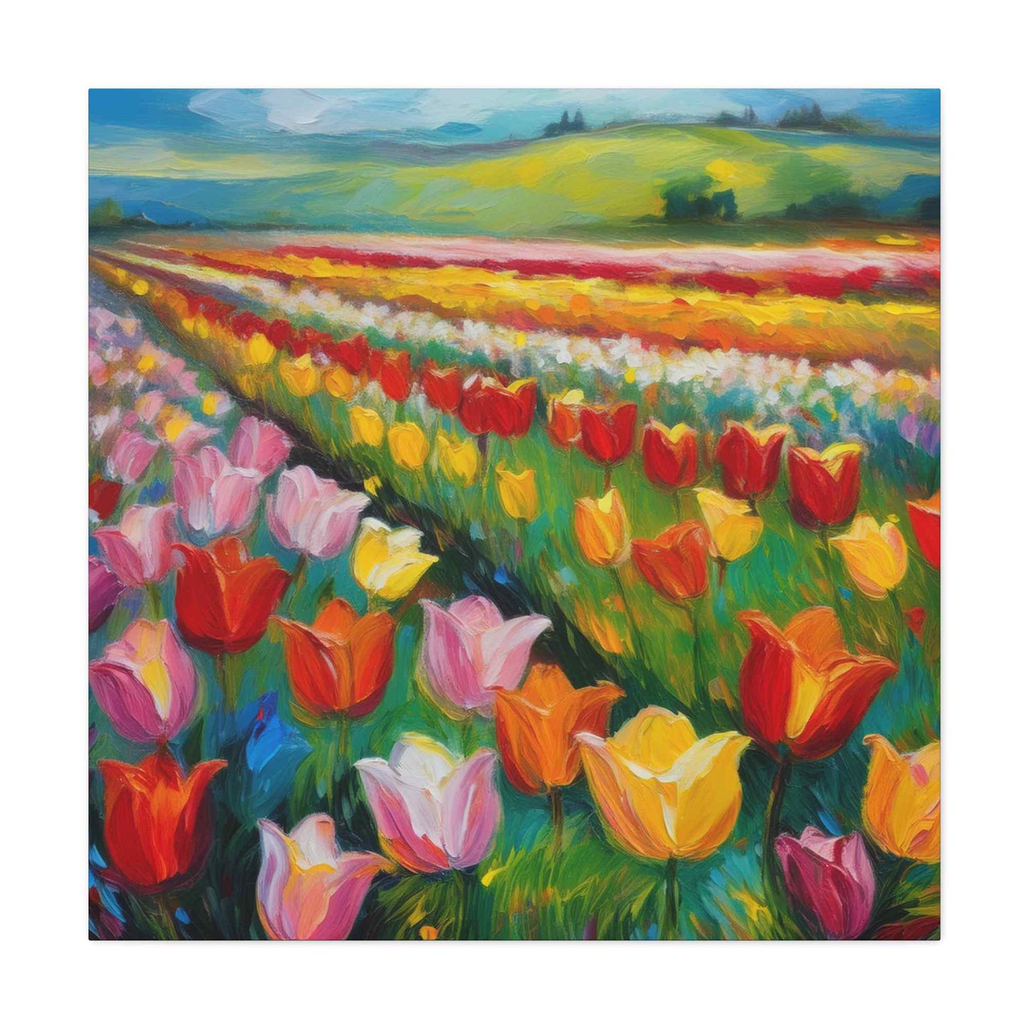 Tulips Fields Print Canvas, Floral Oil Paint Print 20x20, 24x24, 30x30, 32x32, 36x36 Art Design Pine-Wood Inner Frame MC-147