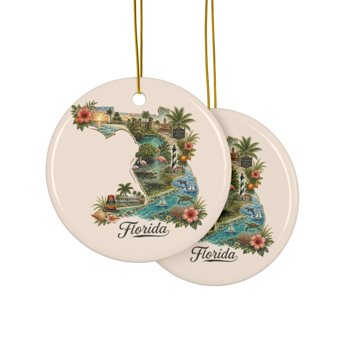 Florida state map floral illustration Ceramic Ornament - 2.99" Includes Gold String