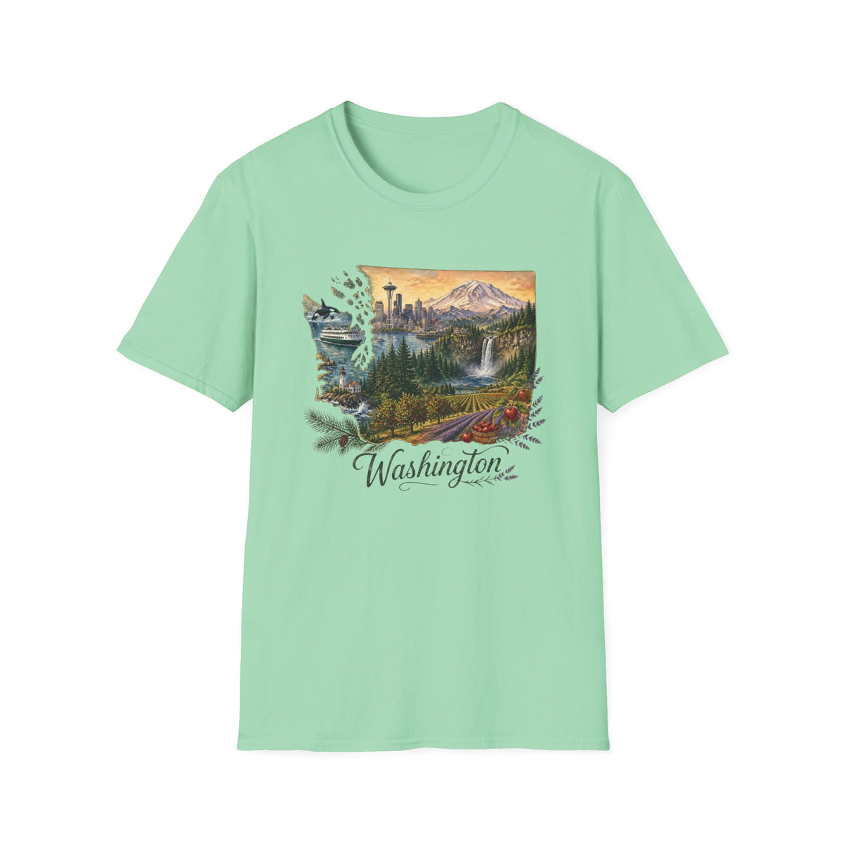 Washington Scenic T-Shirt — Vintage Mountain & Waterfall State Travel Tourist Graphic Design Unisex 100 Cotton Gildan T-Shirt