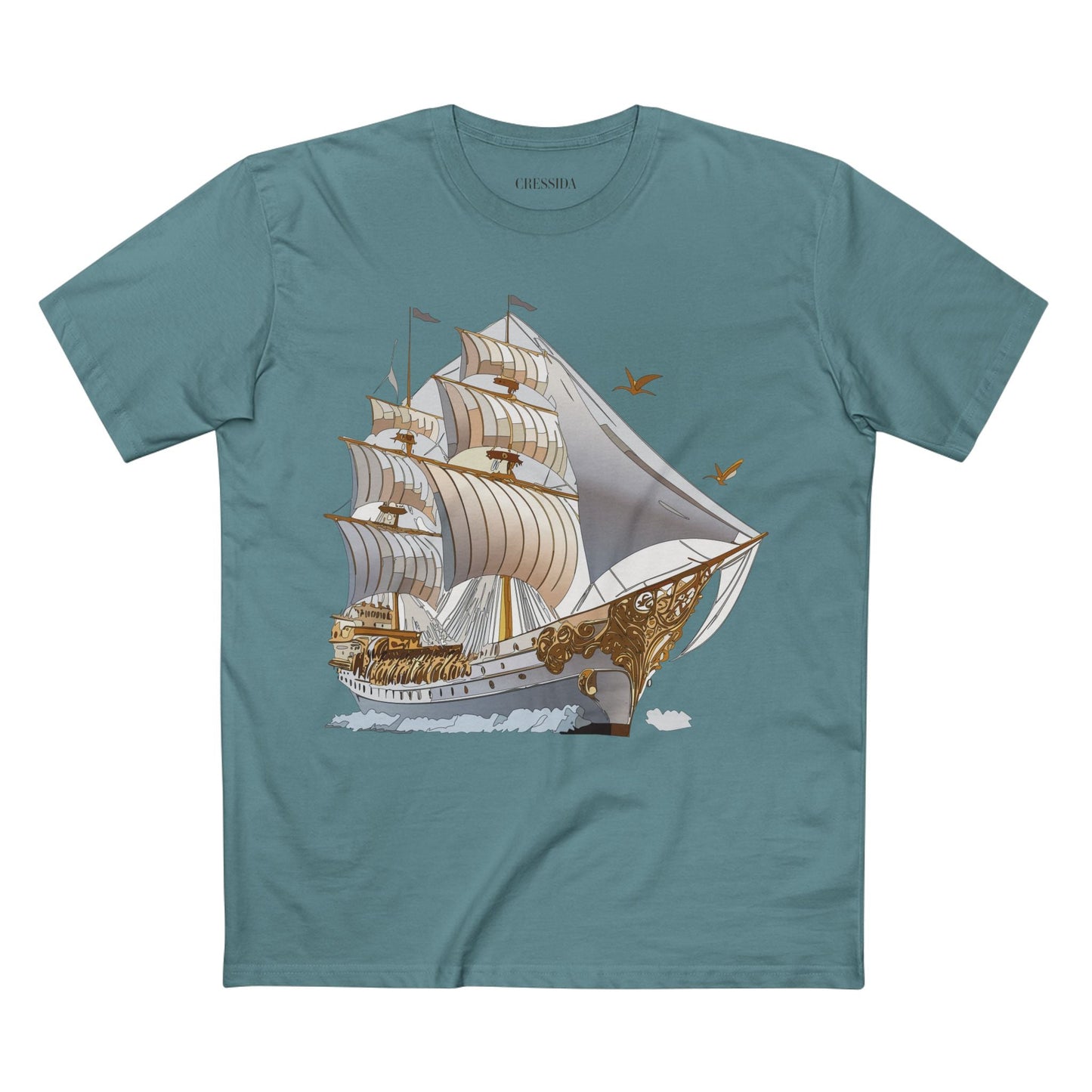 Ship Graphic Unisex 100 Cotton T-Shirt with Gold Frigate Art Design 16