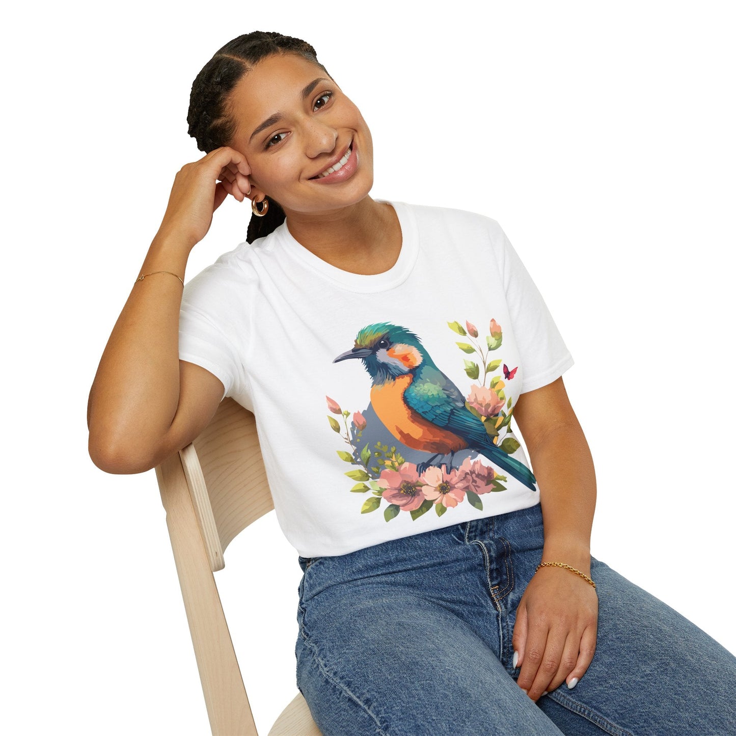 Floral Bird T Shirt Unisex Softstyle Tee 100 Percent Ring Spun Cotton Animal Print