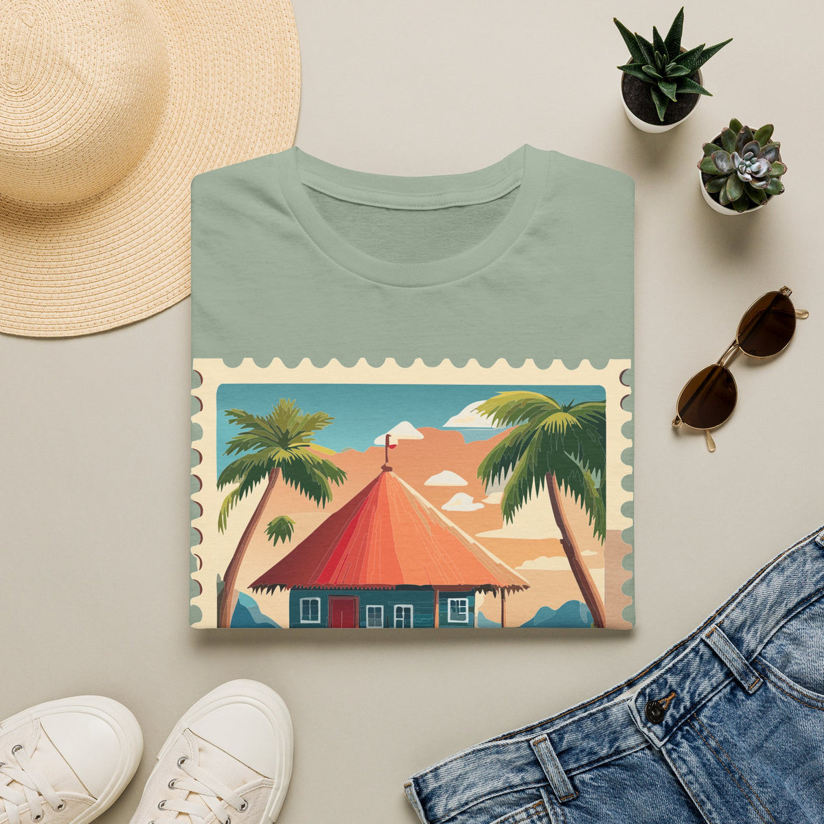 Tropical Beach Cottage T-Shirt | Palm Trees, Sunset Hut Graphic Tee Unisex 100 Cotton Gildan T-Shirt