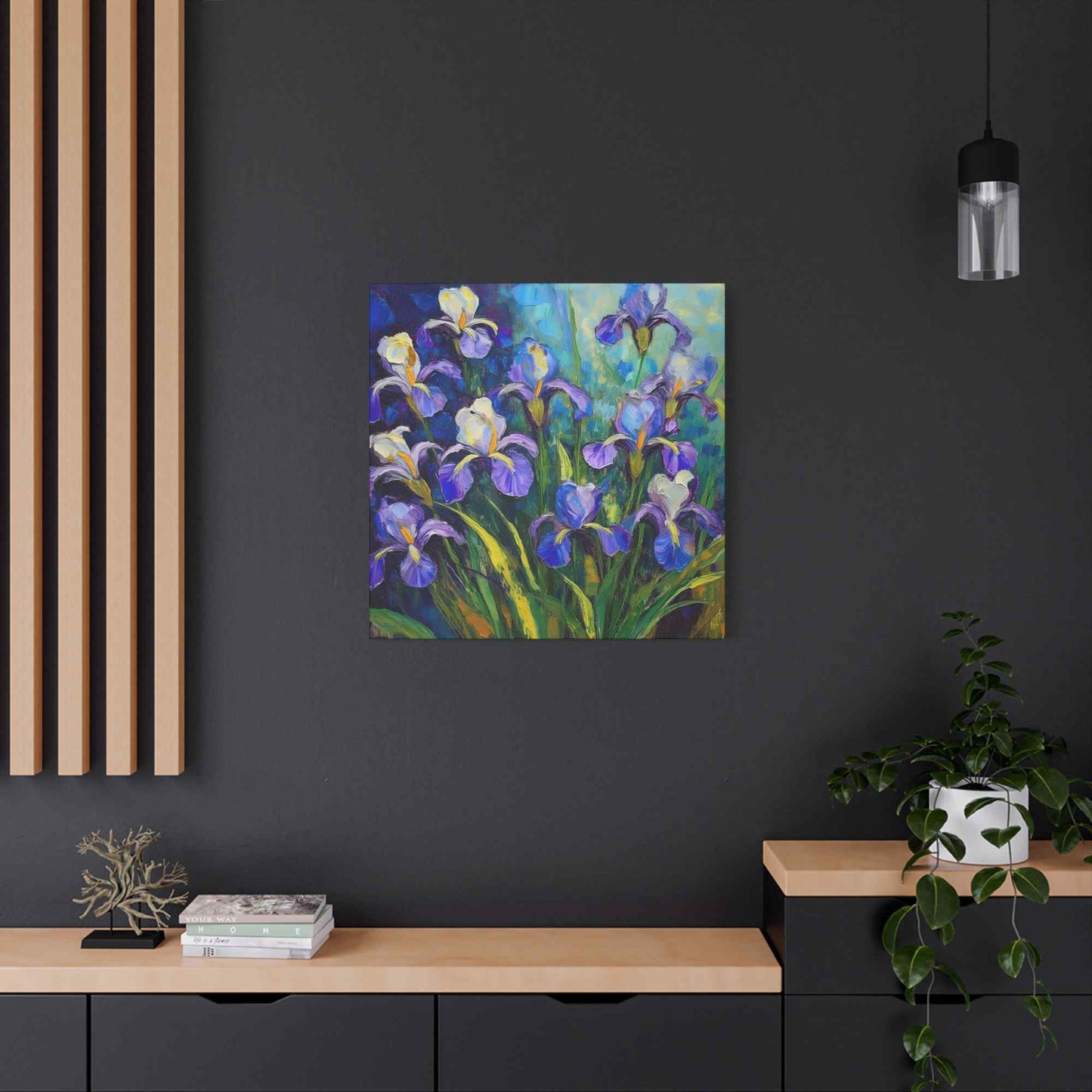 Irises Floral Print Canvas, Floral Oil Paint Print 20x20, 24x24, 30x30, 32x32, 36x36 Art Design Pine-Wood Inner Frame MC-188