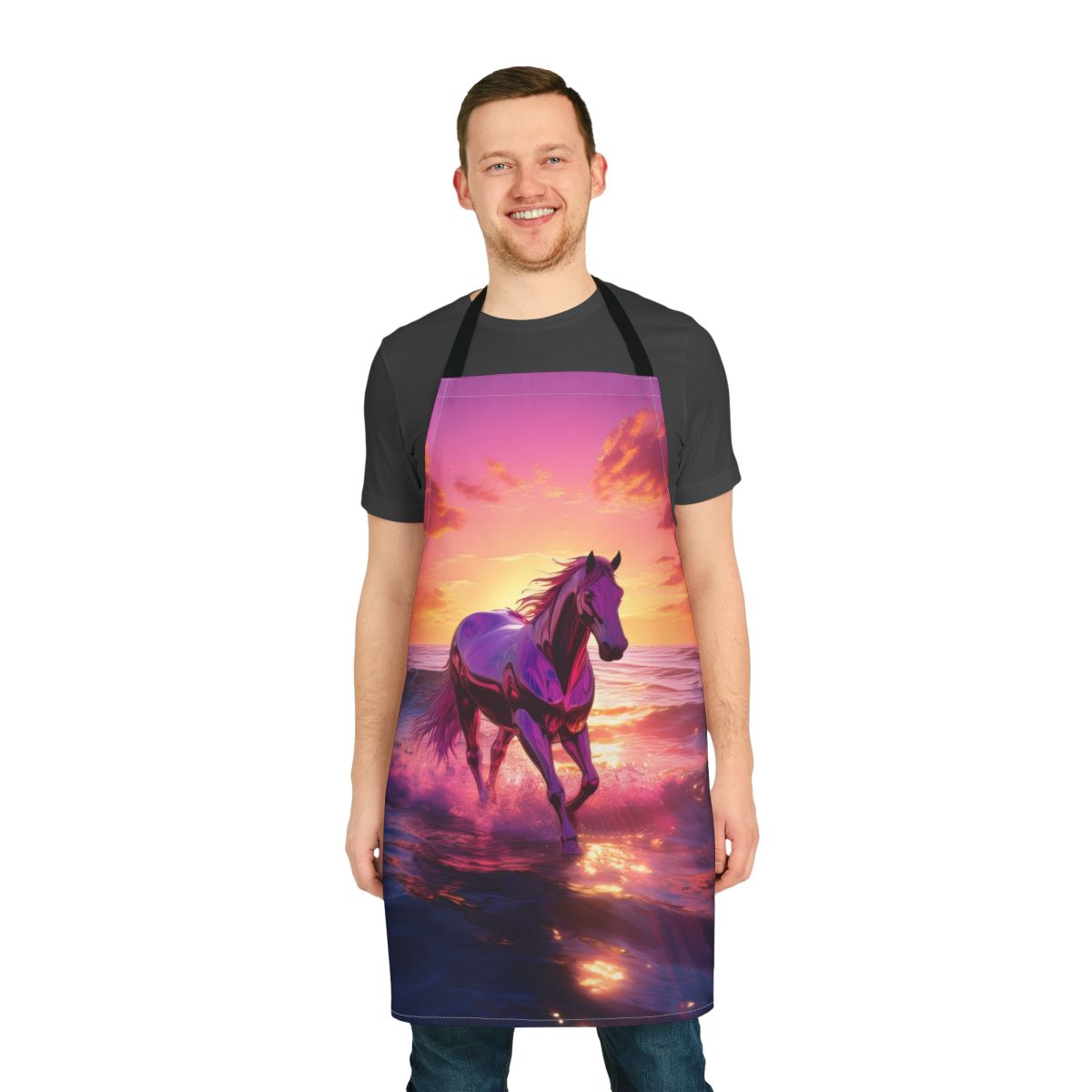 Sunset Surfing Horse Apron — Vibrant Beach Scene Kitchen Apron Stain-Resistant - Art Print Canvas Apron
