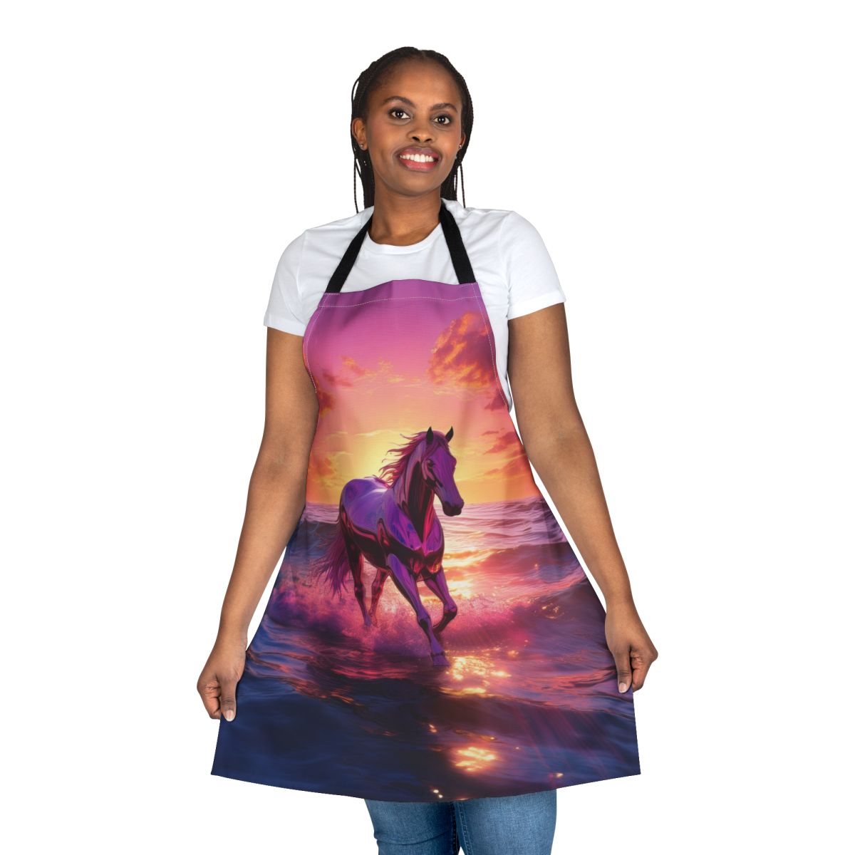 Sunset Surfing Horse Apron — Vibrant Beach Scene Kitchen Apron Stain-Resistant - Art Print Canvas Apron