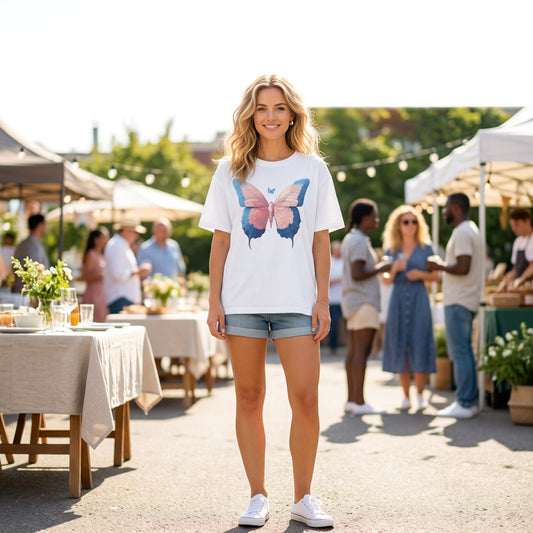 Butterfly Graphic T-Shirt — Pastel Pink & Blue Wing Graphic Tee Unisex 100 Cotton Gildan T-Shirt