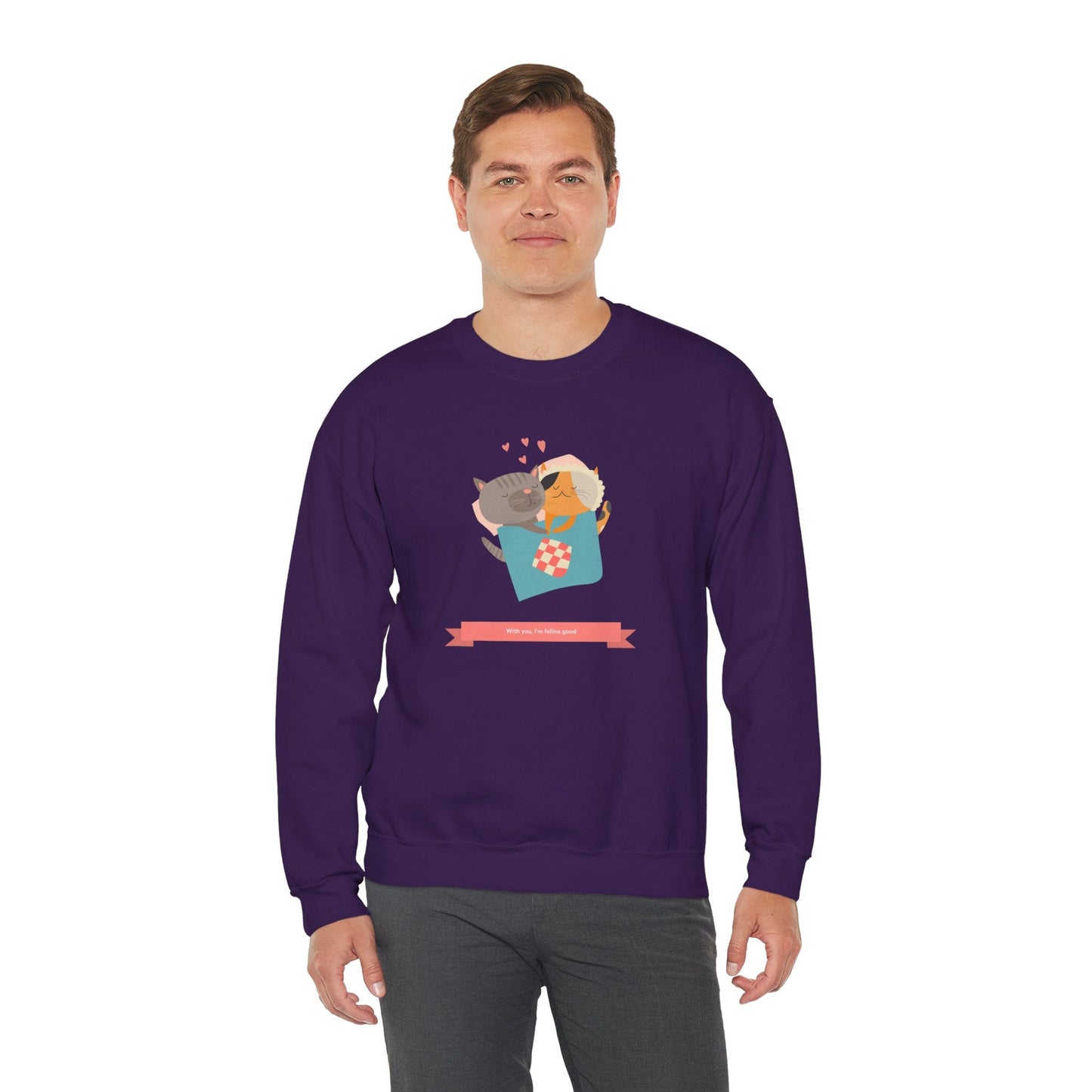 Cat Heart Sweatshirt Unisex Valentines Day 50 50 Cotton Poly Crewneck Gildan 18000