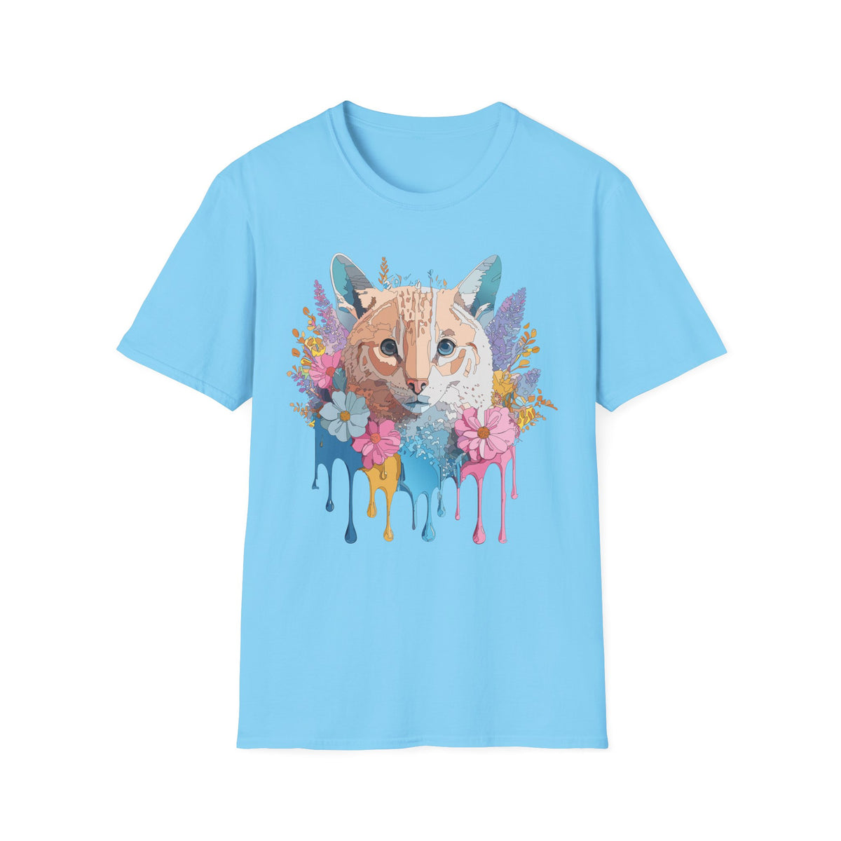 Watercolor Cat Face T-Shirt | Floral Drip Art, Colorful Kitty Tee