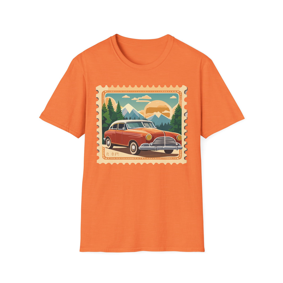 Vintage Road Trip Car T-Shirt | Retro Mountain Sunset Stamp Design