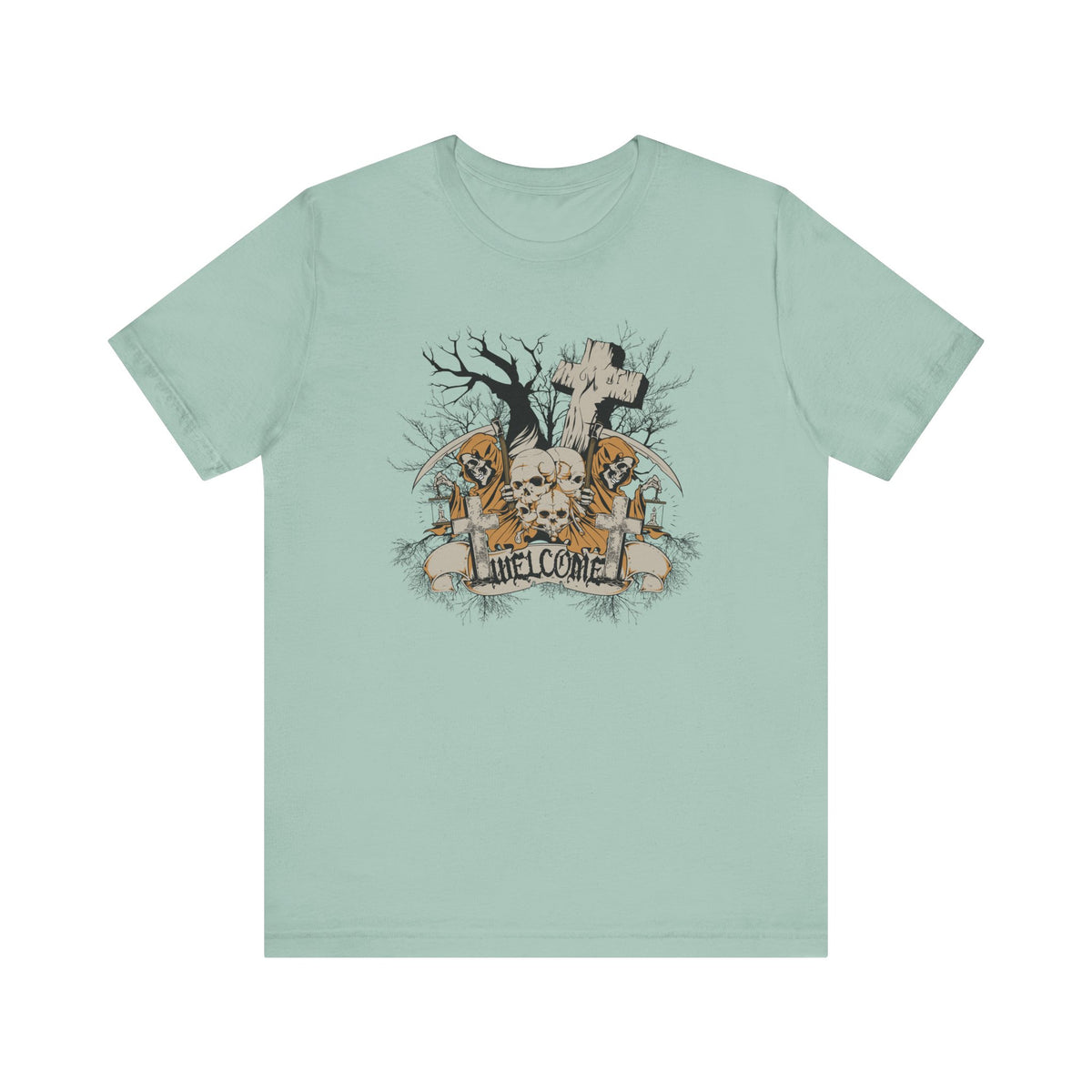 Skull Graveyard Welcome Tee Halloween Haunted Tree Cross Tombstone Unisex Cotton Art-50