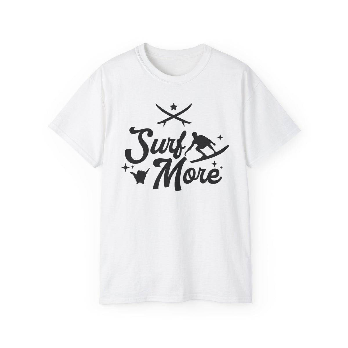 Surf More surfboard graphic Tee | surfer silhouette, waves, retro script
