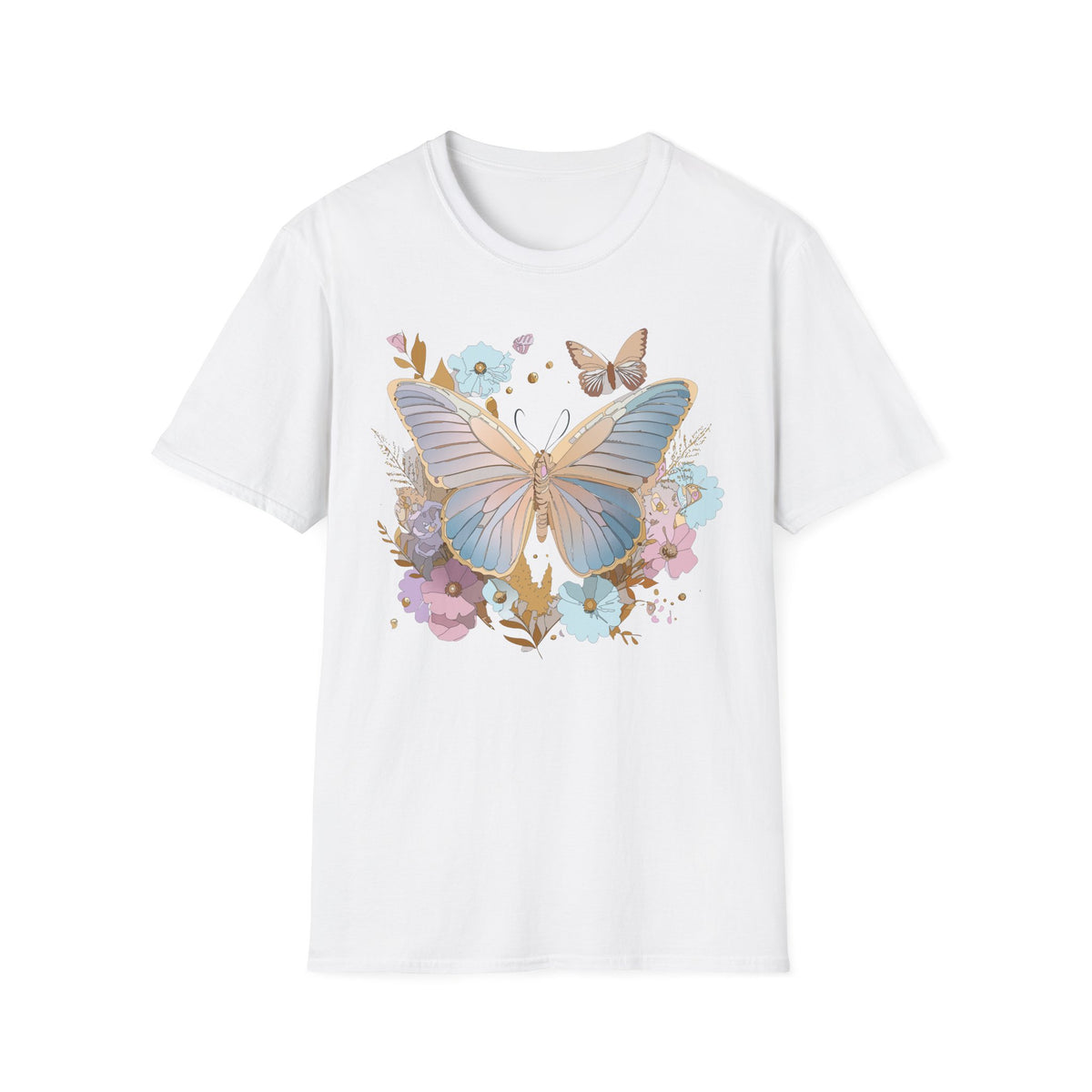 Butterfly Bloom T-Shirt — Pastel Floral Butterfly Graphic Design Unisex 100 Cotton Gildan T-Shirt