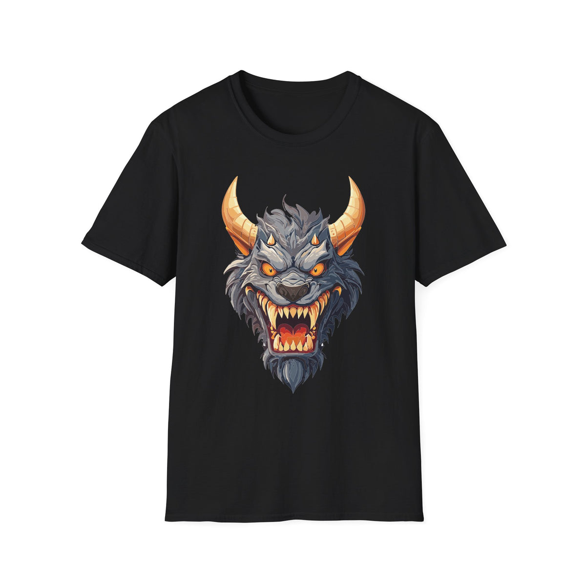 Demonic Beast Head T-Shirt — Horned Monster Cartoon Graphic Tee Unisex 100 Cotton Gildan T-Shirt
