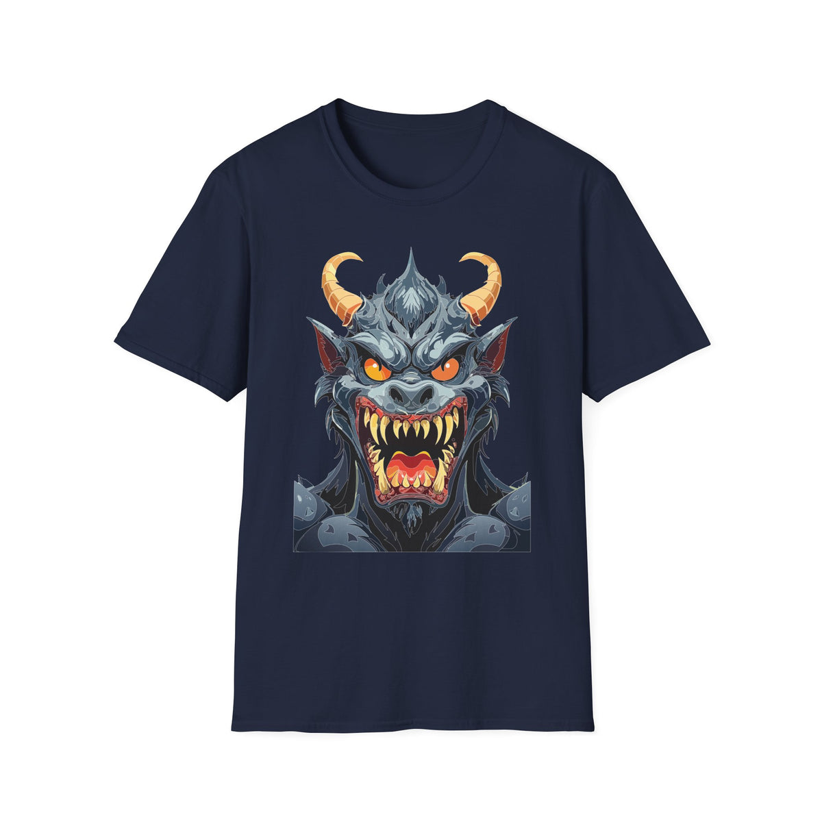 Demonic Monster Face T-Shirt — Fierce Horned Demon Cartoon Graphic Tee Unisex 100 Cotton Gildan T-Shirt