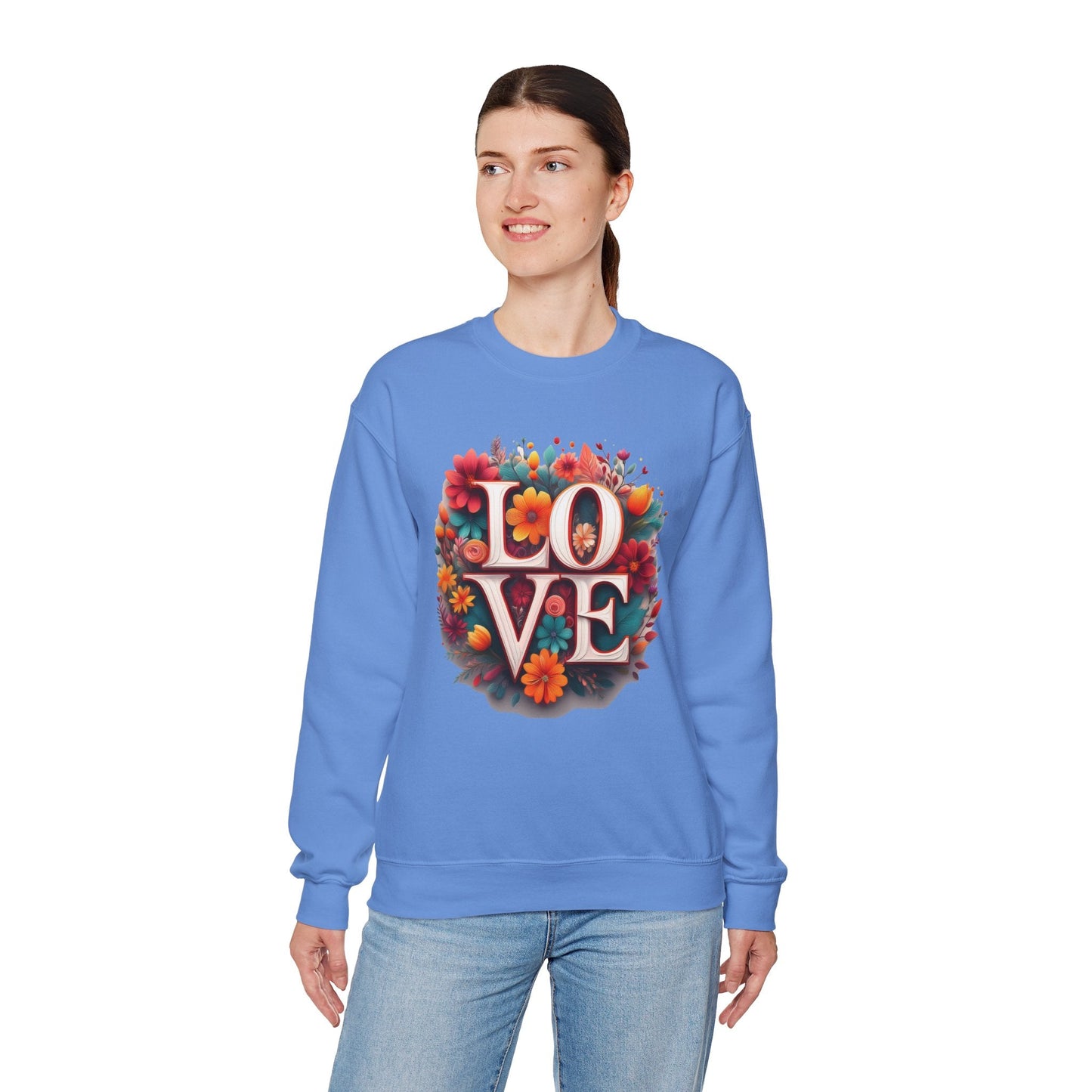Floral Love Valentines Day Sweatshirt Unisex Heavy Blend Crewneck 50/50 Cotton Polyester Gildan 18000