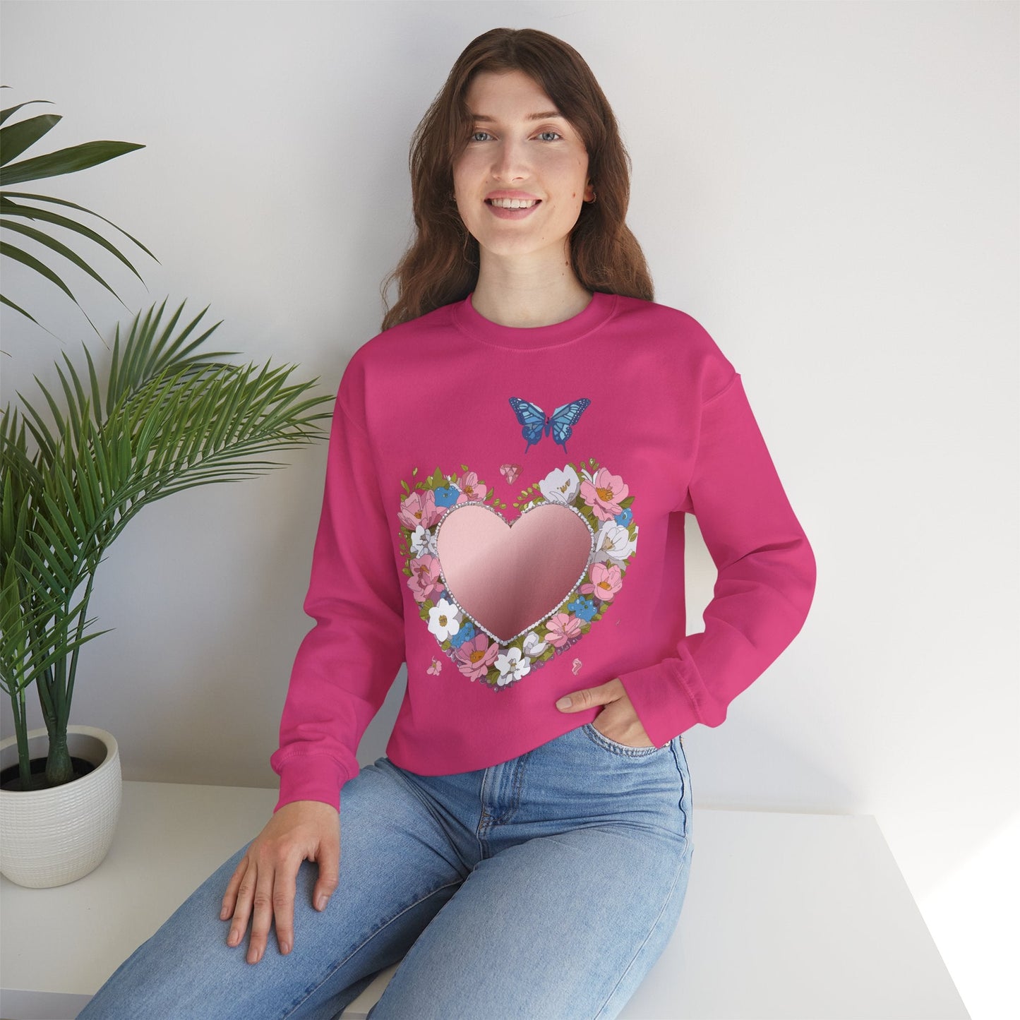 Unisex Floral Heart Sweatshirt Valentines Day Love Crewneck Gildan 18000 50/50 Cotton Polyester