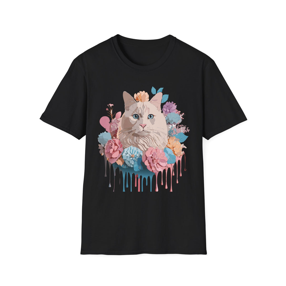 Floral Cat Portrait T-Shirt | Watercolor Kitty with Flowers