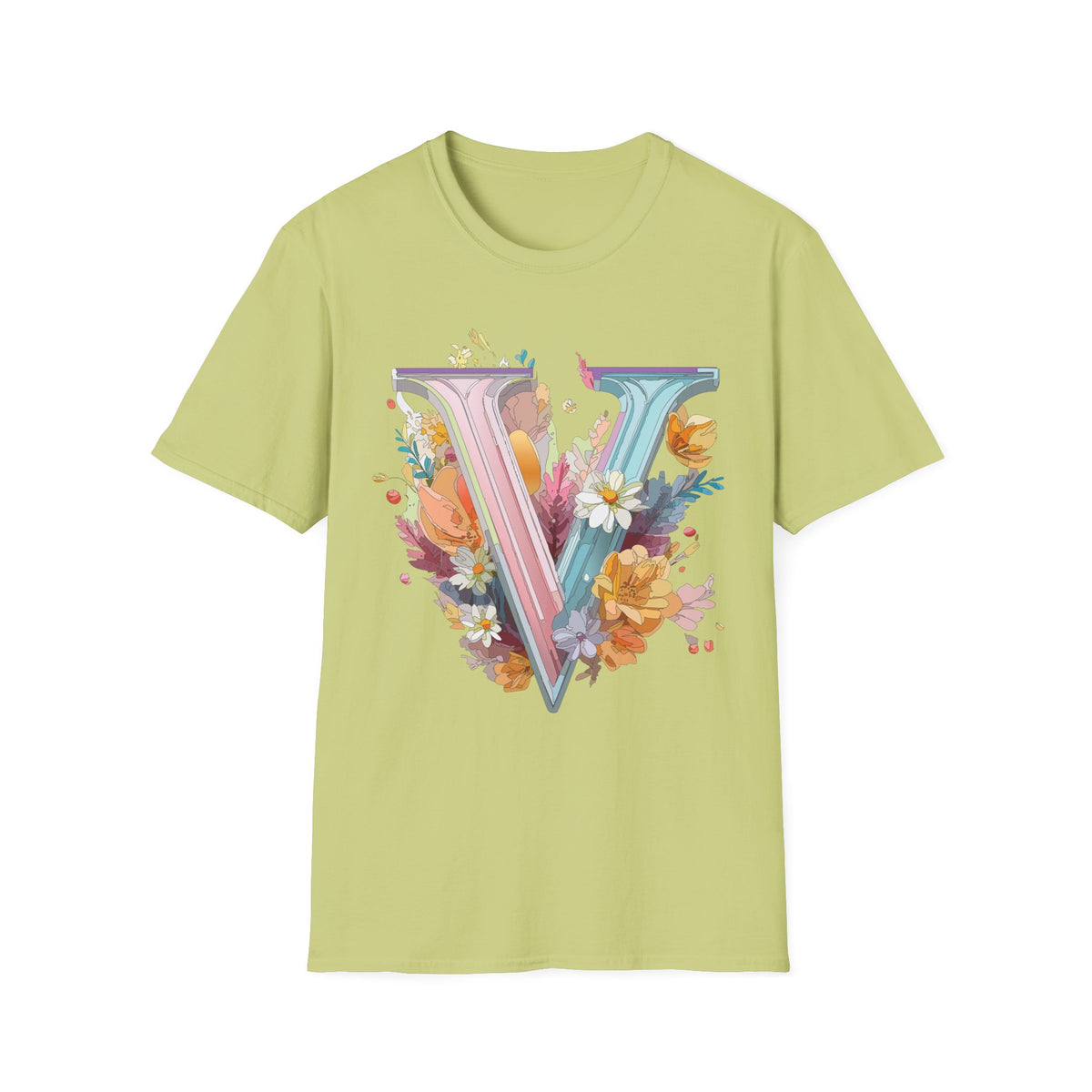 Floral Letter V T-Shirt | Pastel Botanical Initial Tee